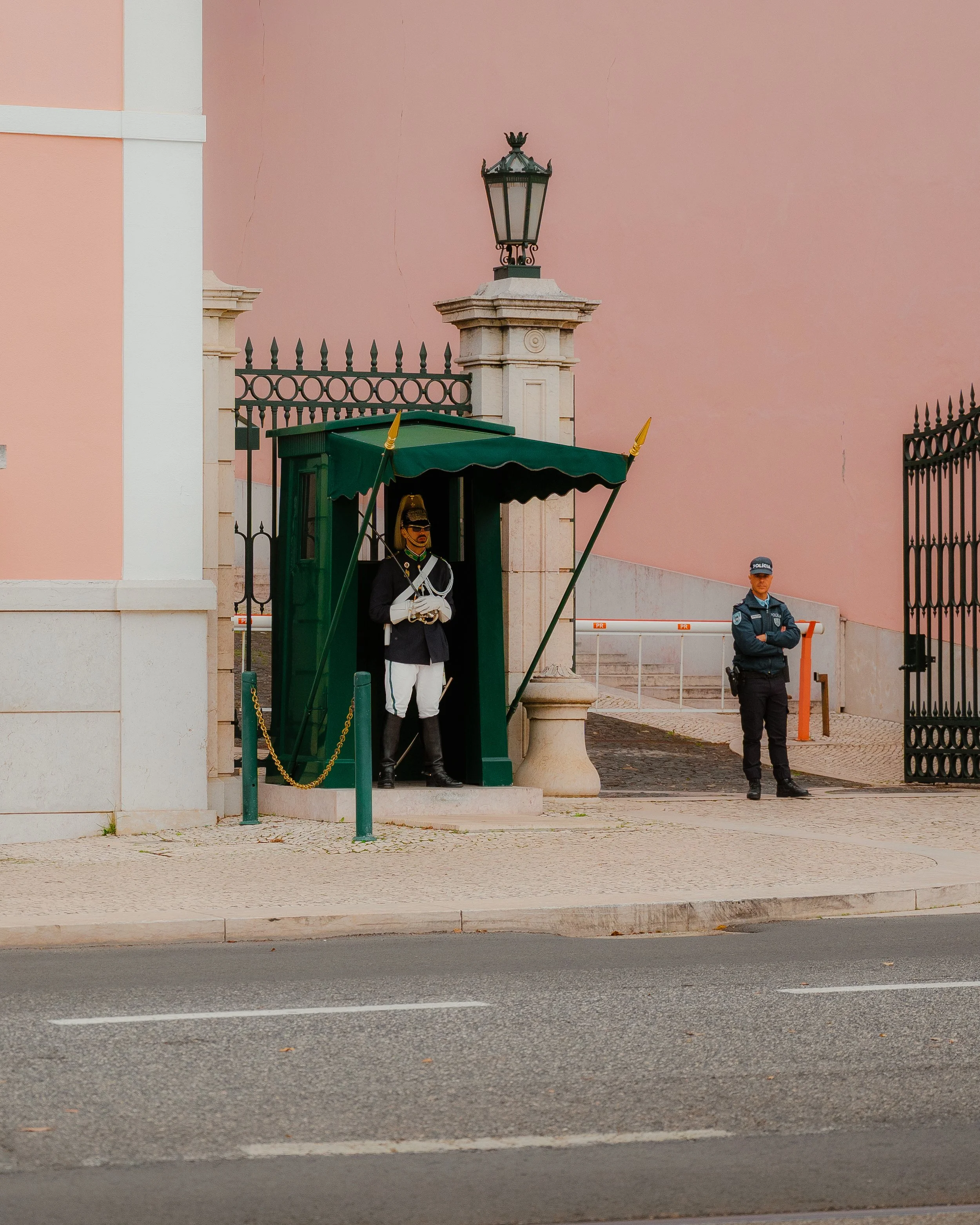 Police guard at a royal palace entrance, standing outside a green security booth with a dark uniform and cap, next to a guard in traditional ceremonial attire inside the booth, with pink palace wall and ornate black iron gate in the background.