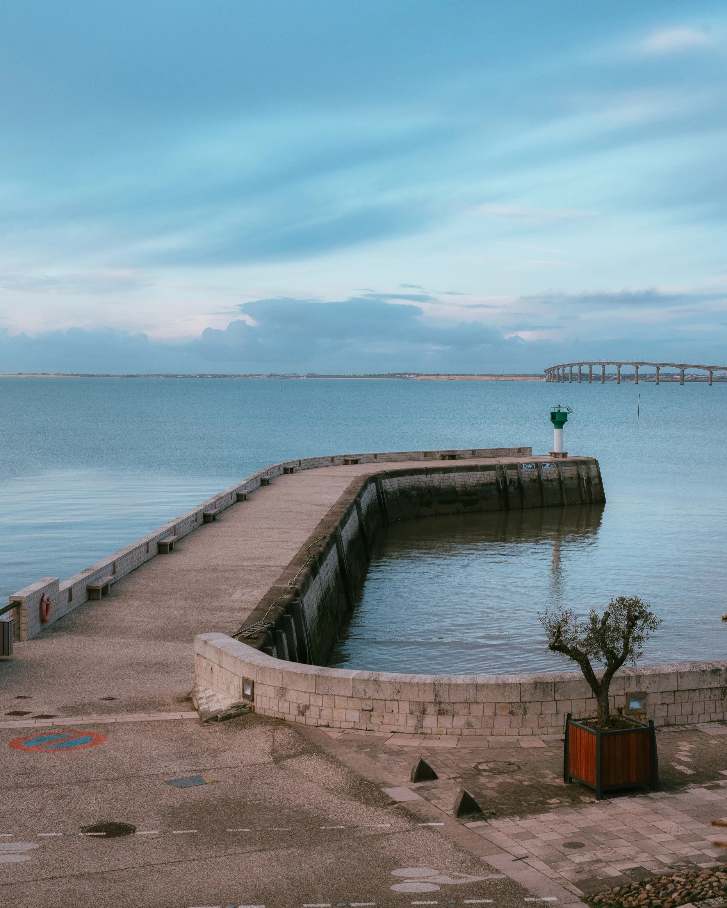 A concrete pier with a green lighthouse extending into a calm body of water, with a tree in a large planter in the foreground and a distant bridge under a blue sky with clouds.