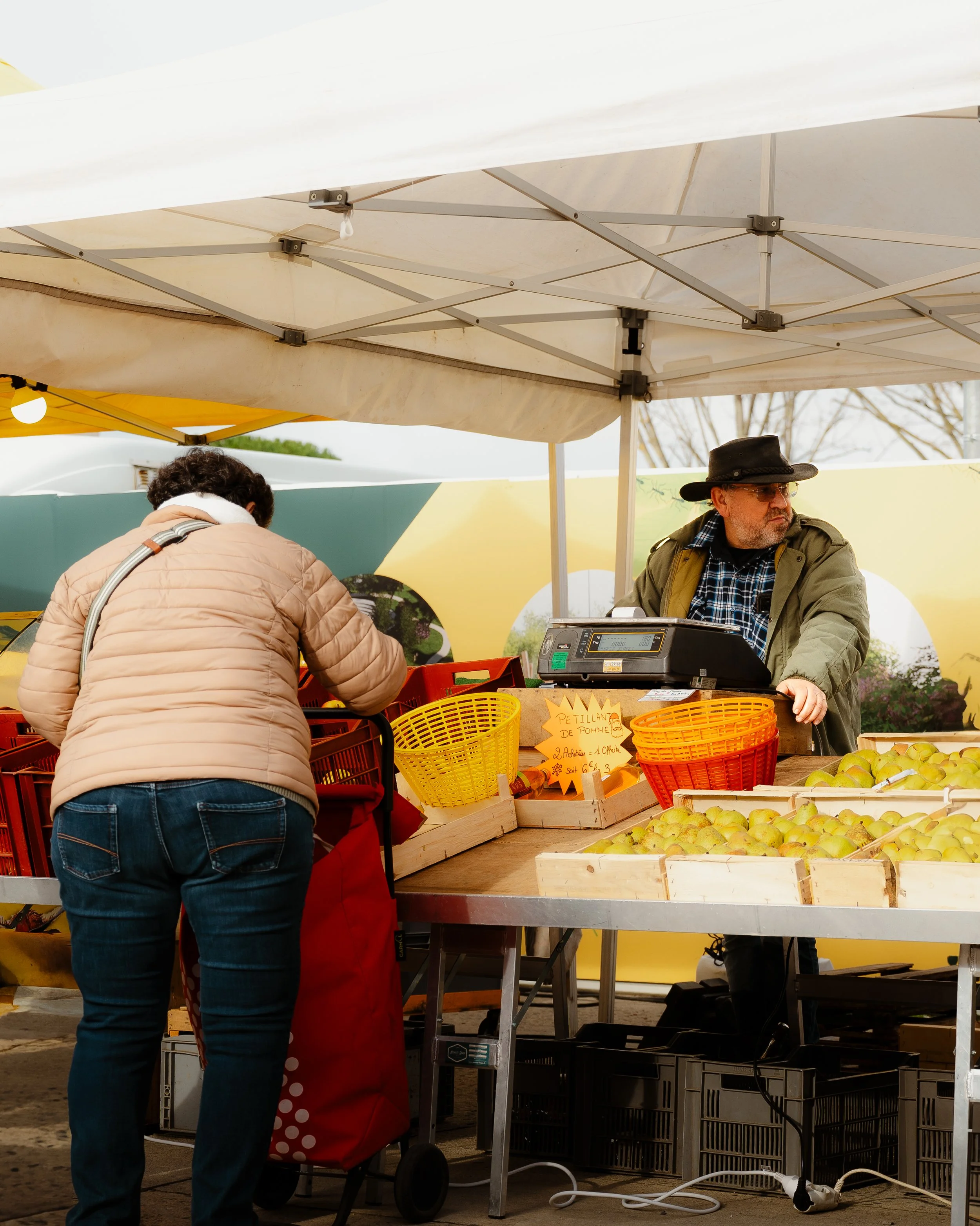 A woman shopping at an outdoor fruit stand, talking to a male vendor under a white canopy, with baskets of apples on the table.