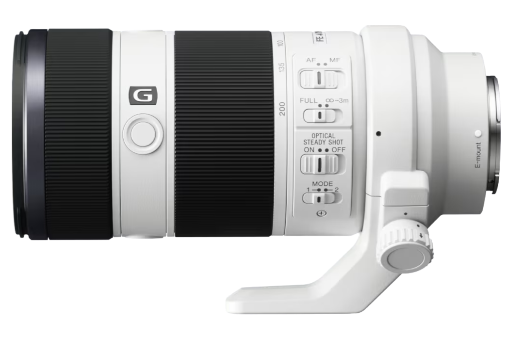 A white professional telephoto camera lens with various control switches and dials.