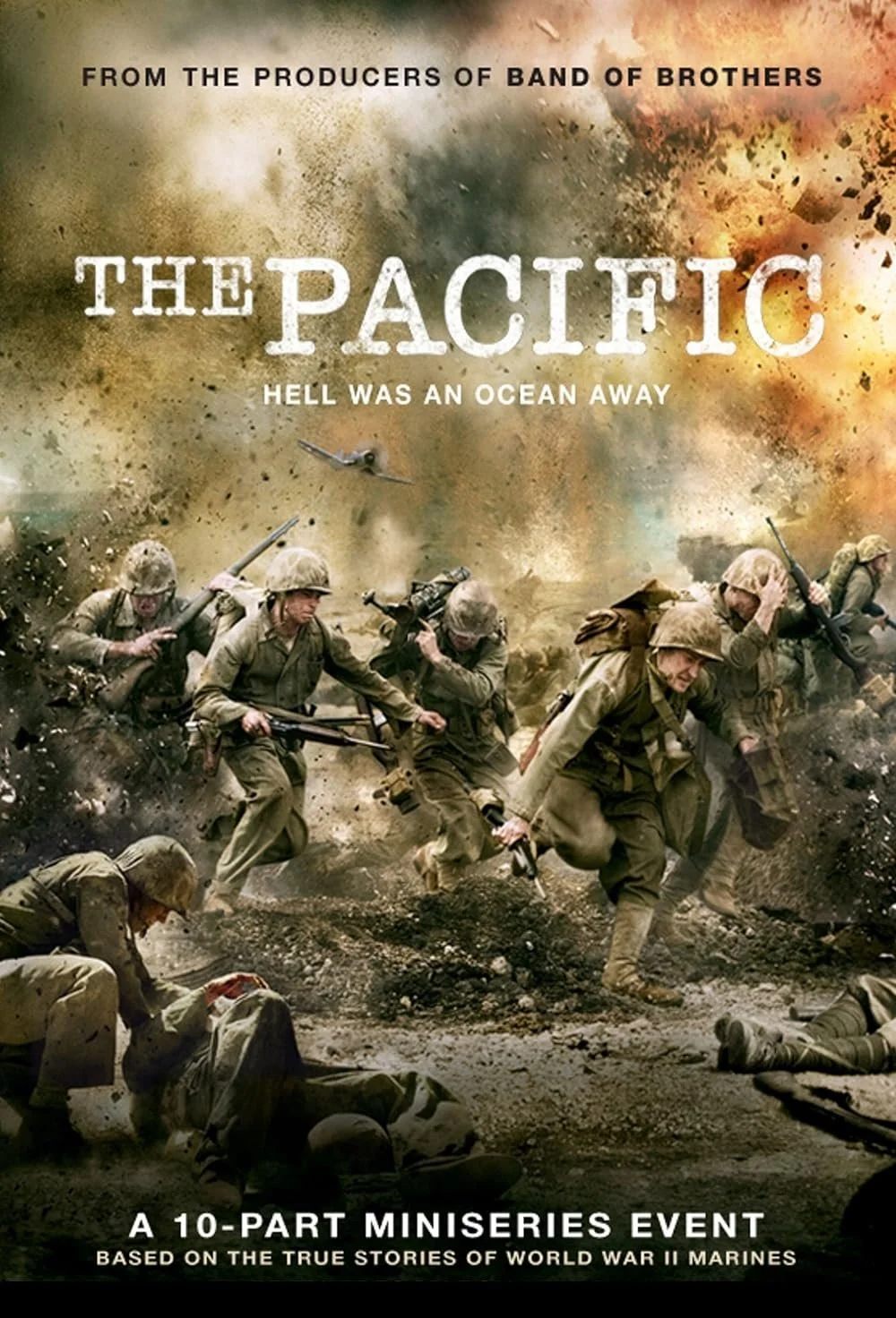Movie poster for 'The Pacific' showing soldiers in combat during World War II with explosions in the background.