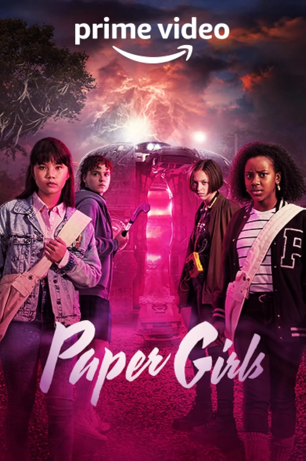 Poster for the movie 'Paper Girls' featuring four young women and a flying saucer with a lightning storm in the background.