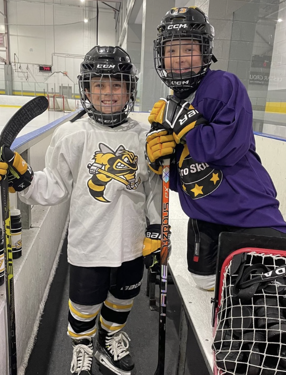 Two young hockey players, one in a white jersey with a snarling tiger logo and the other in a purple team jersey, standing inside an ice rink. They are wearing black helmets with face cages, holding hockey sticks, and smiling at the camera.
