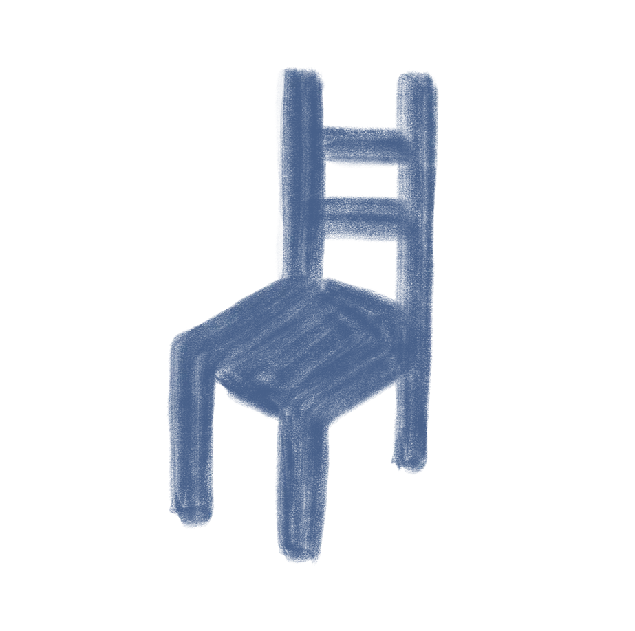 Pixelated blue chair with four legs and a high backrest.