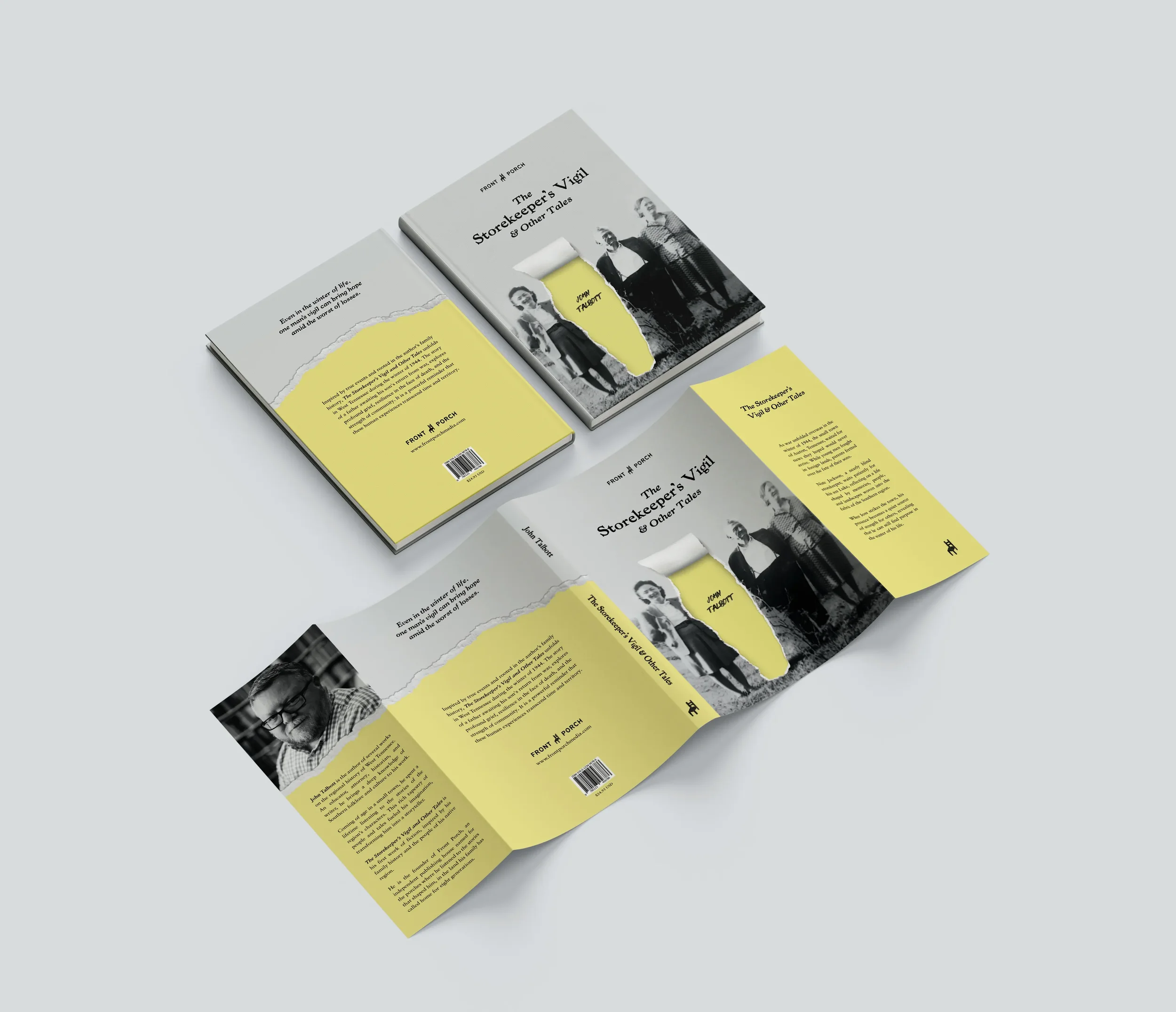 Open books with black and white illustrations and yellow informational sections about the story of a storekeeper's vigil and other tales.