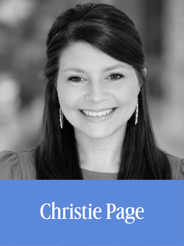 Black and white portrait of a woman with long dark hair, smiling, wearing earrings, with a blue banner below that says 'Christie Page'.