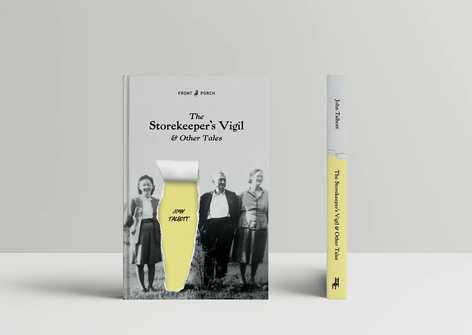 Book titled 'The Storekeeper's Vigil & Other Tales' by John Talbott, featuring a black-and-white photo of three women on the cover, with a yellow torn paper shape for the author's name.