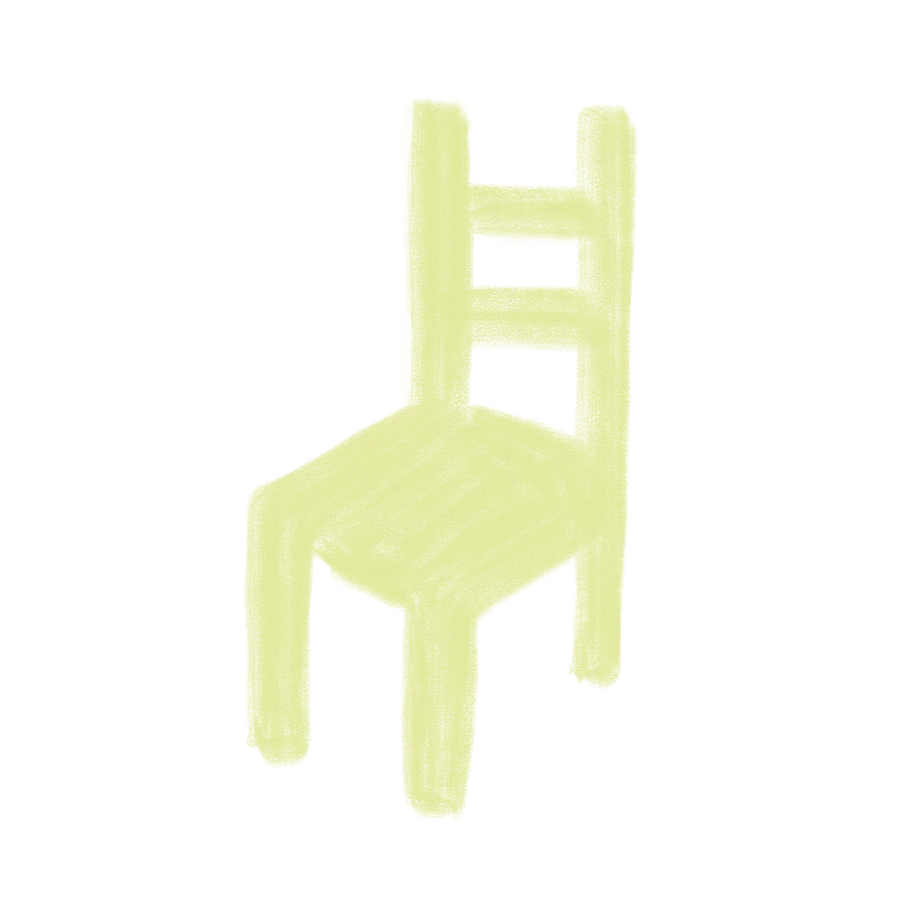 A simple, pale yellow wooden chair with a high back, four legs, and a flat seat, viewed from a slightly elevated angle.
