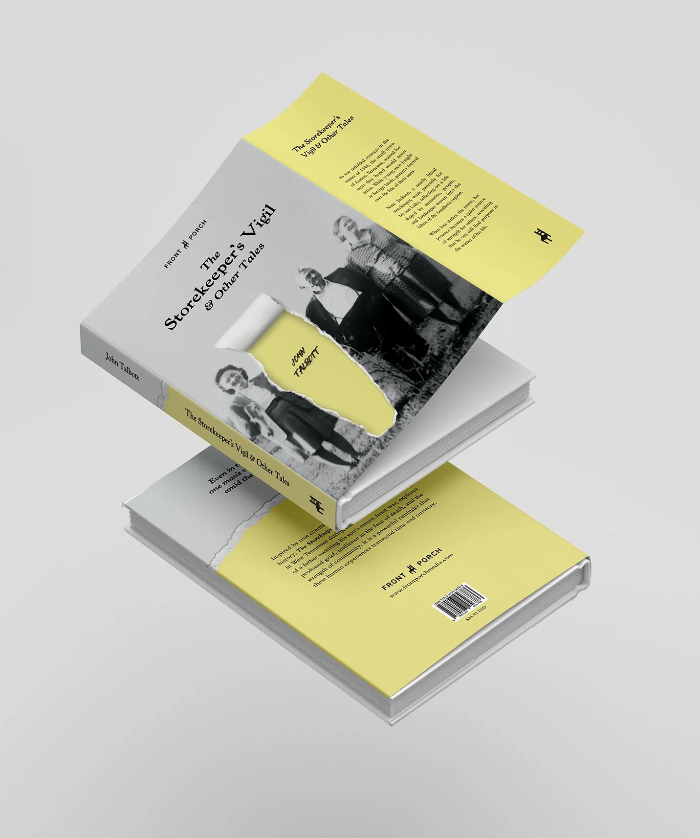 Stack of two books titled "The Storekeeper's Vigil & Other Tales" by John Talbott, with one book partially open revealing pages with text. The cover features a black and white photo of two women and has yellow and white backgrounds.