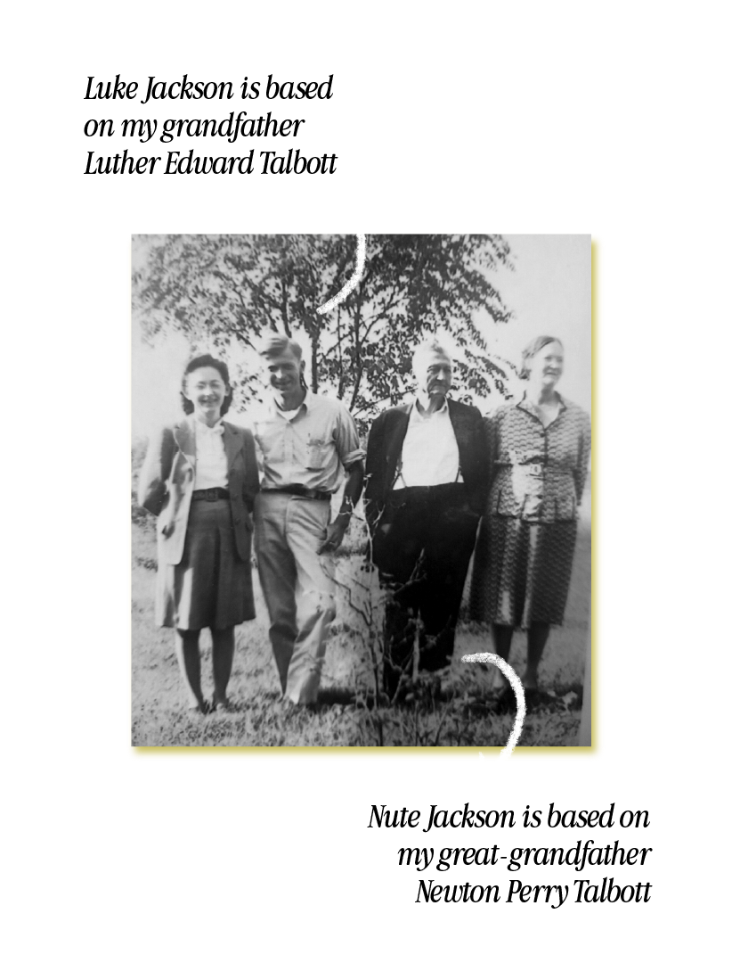 Black and white photo of four people standing outdoors, with trees in the background. The group includes two women and two men, all smiling and holding hands.