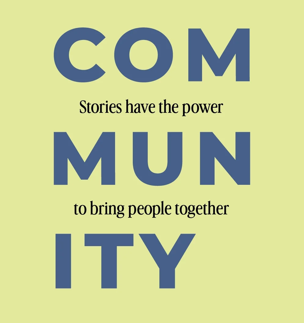 A light green poster with large blue letters spelling 'COM' and 'MUN,' and smaller black text reading 'Stories have the power to bring people together'.