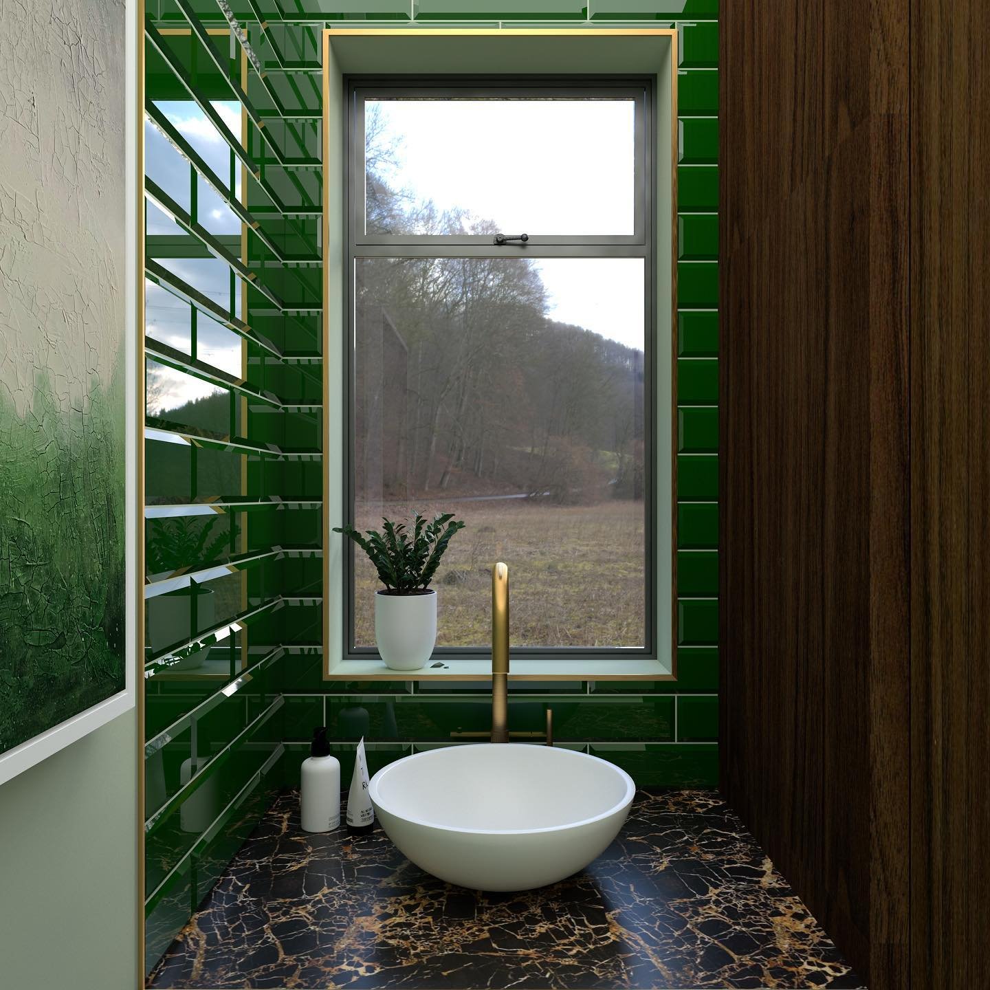 Another view from my small utility room concept. 💚 Green tiles, brass details, warm wood and dark stone. 
&bull;
&bull;
&bull;
&bull;
&bull;
#vray #render #rendering #interior #cgi #3d #homedecor #sketchup #photoshop #homedesign #designer #design #i