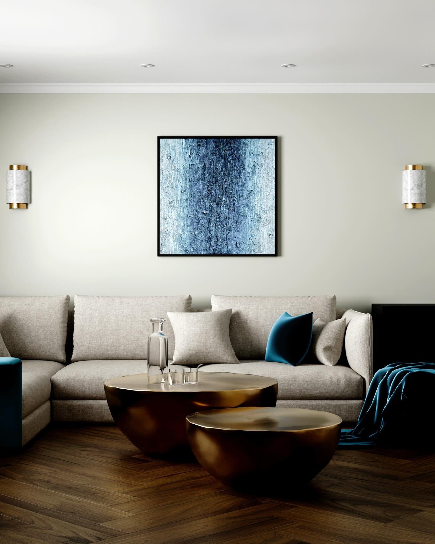We created this room to market the painting &ldquo;Torrent&rdquo; displayed here. By modelling and rendering a bespoke room around the artwork, future buyers can help visualise it in their space and get some good ideas how they can style their room a