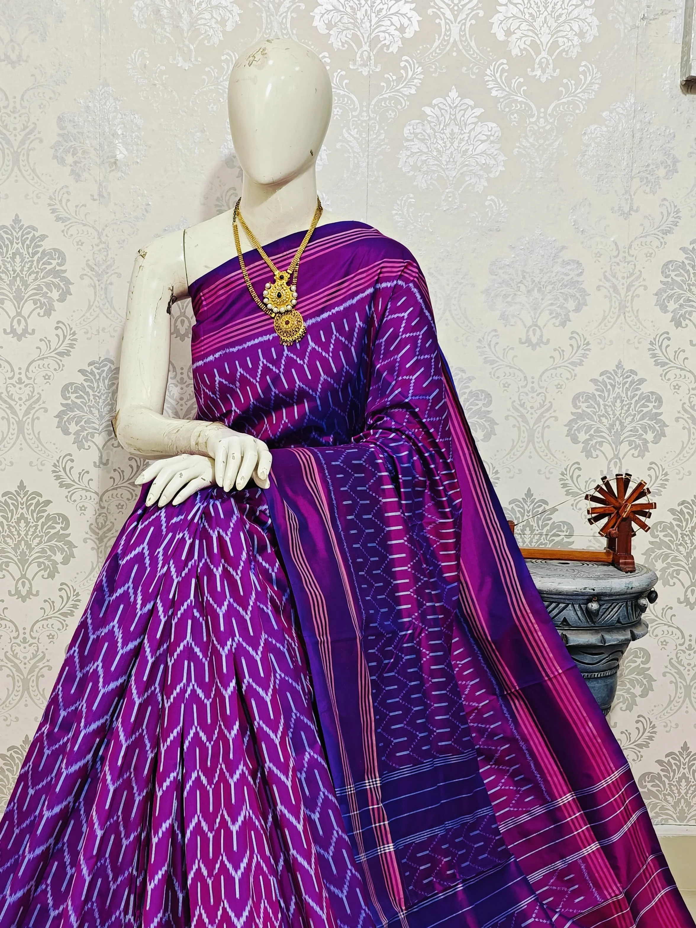 Purple Pochampally Handloom Twill Ikkat Silk Sarees with tailored Blouse