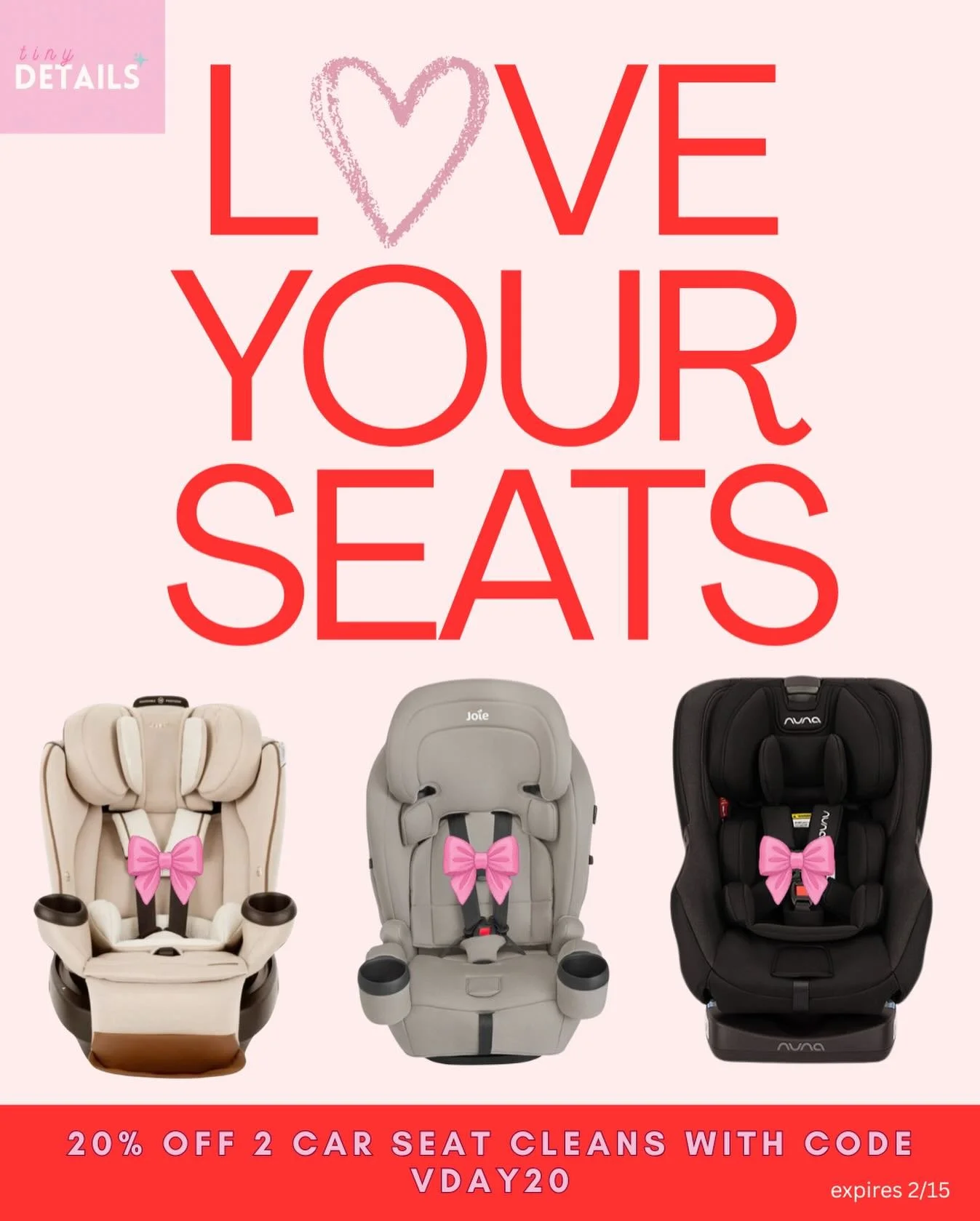 Love isn&rsquo;t just flowers and chocolates&hellip;
Sometimes love looks like clean, safe car seats for the people who matter most. 💗

For Valentine&rsquo;s Day, Tiny Details is offering 20% OFF when you book 2 car seat cleanings&mdash;because cari