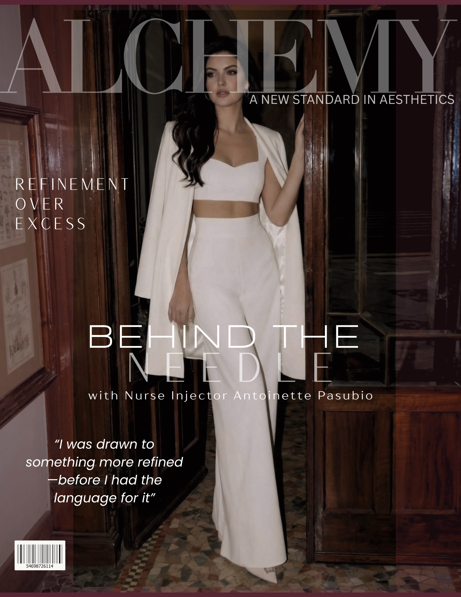 woman in a white suit standing in an elegant wood pannelled room on the cover of Alchemy magazine featuring Nurse Injector Antoinette Pasubio in "Behind the Needle"