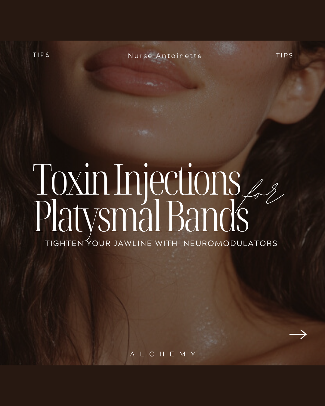 Close-up of a woman's lips and chin with skincare, advertising toxin injections for platysmal bands to tighten jawline.