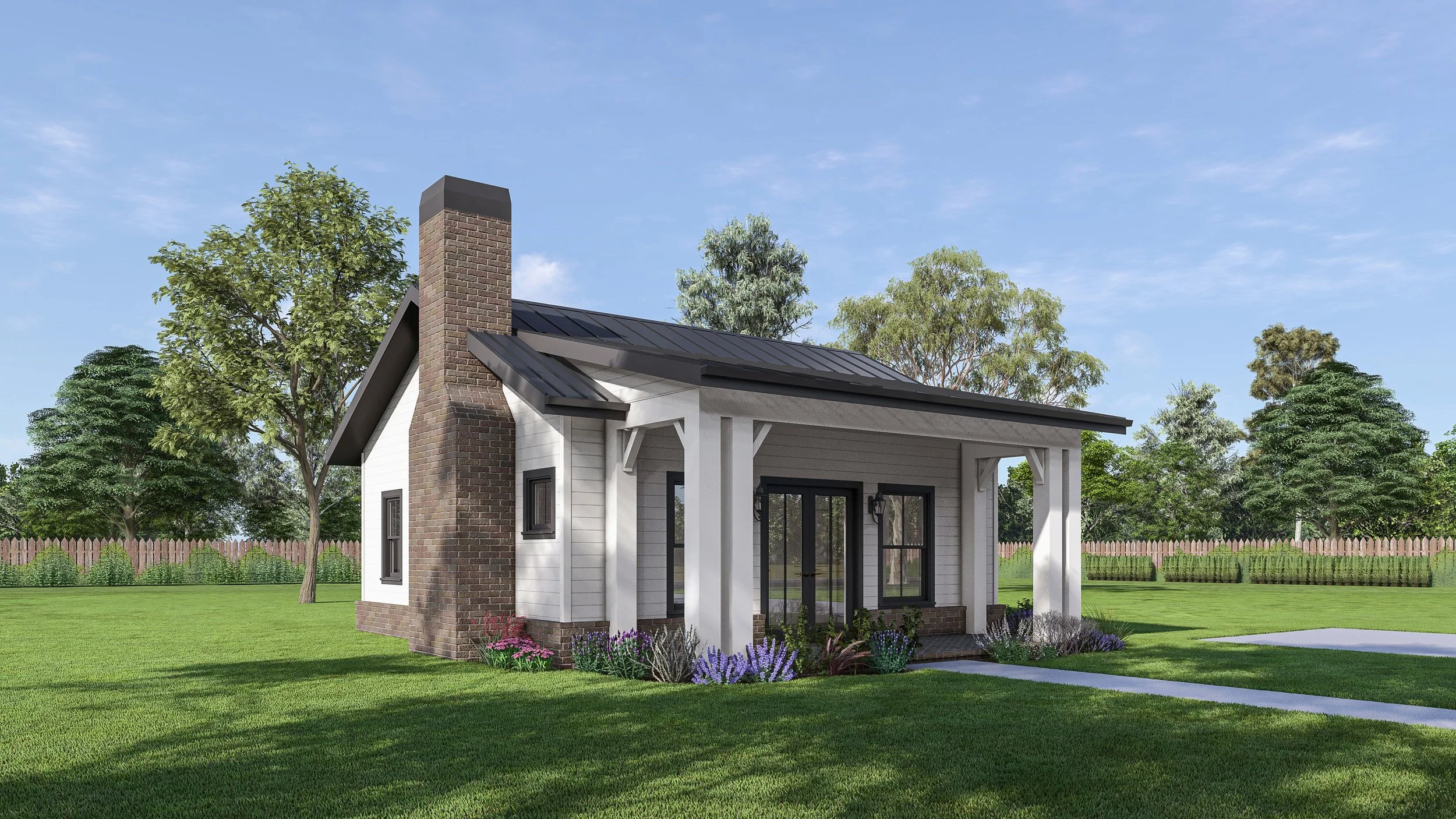 A small, modern poolhouse with white siding, black window frames, a brick chimney, and a gabled roof in a lush green yard with trees and a wooden fence.