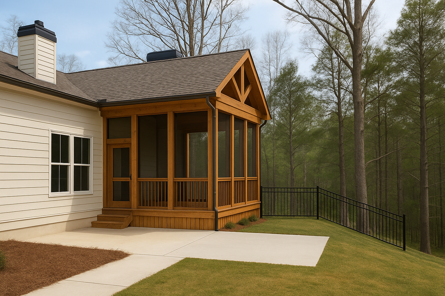 A house with a screened-in porch made of wood, attached to a beige house with white window frames, overlooking a green yard and forest with tall trees.