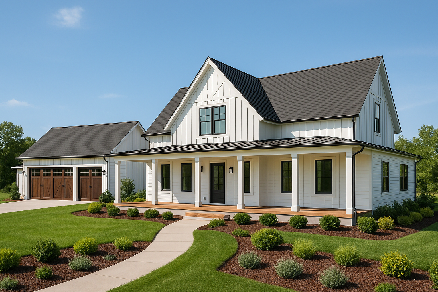 Modern two-story white house with black roof, brown garage doors, and front porch, surrounded by landscaped lawn with bushes and a curved concrete walkway.