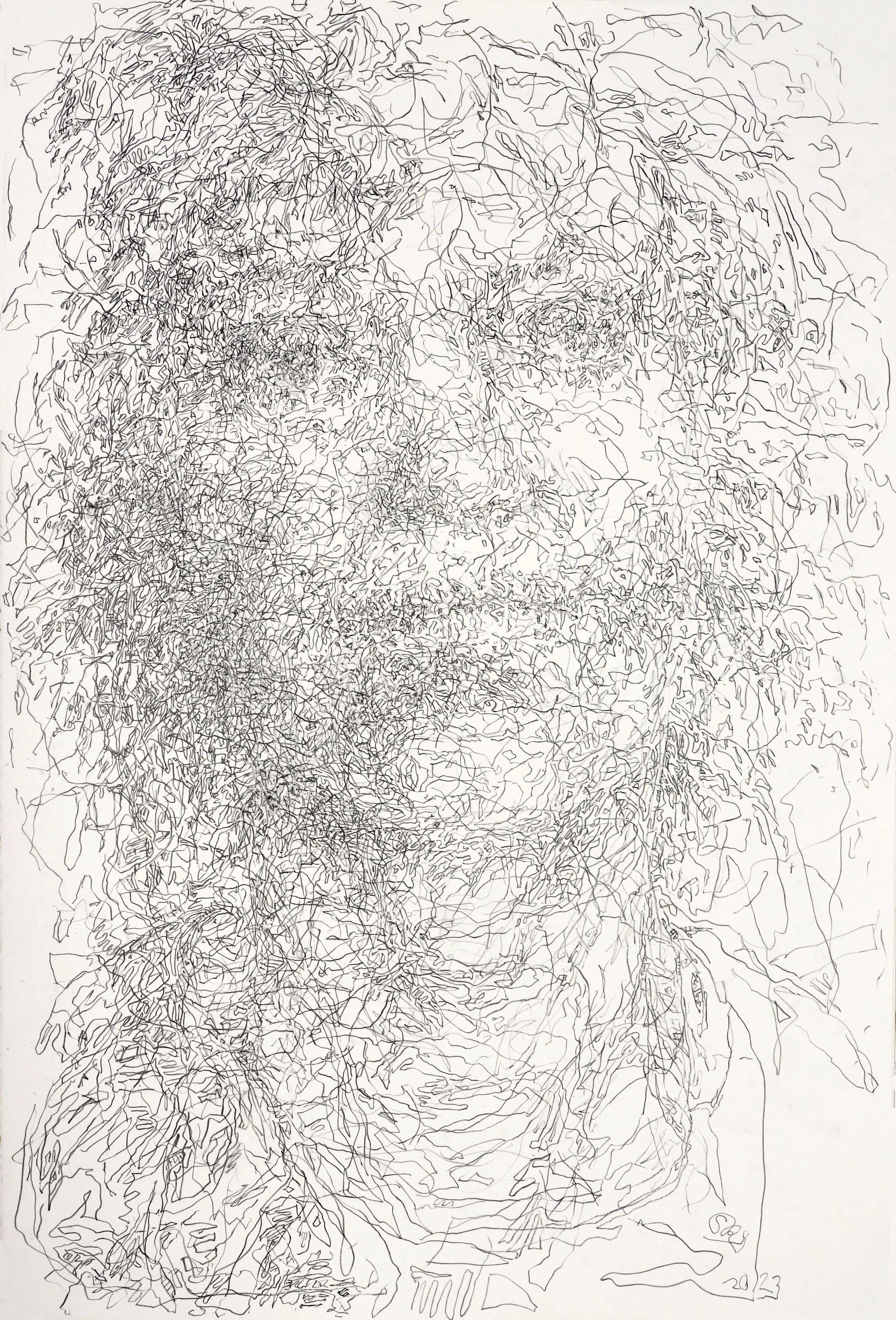 Unknown  2023,  graphite pencil, scored on paper, 56 x 39cm