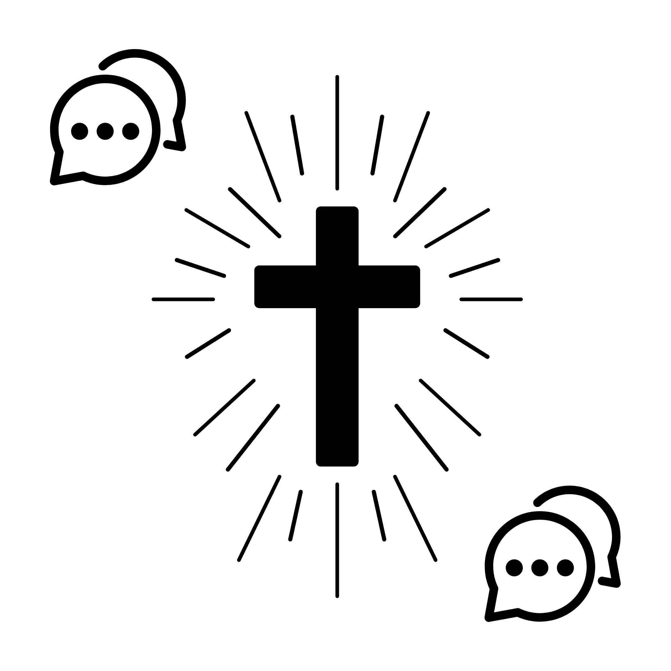 Ett strålande svart kors med pratbubblor bredvid.