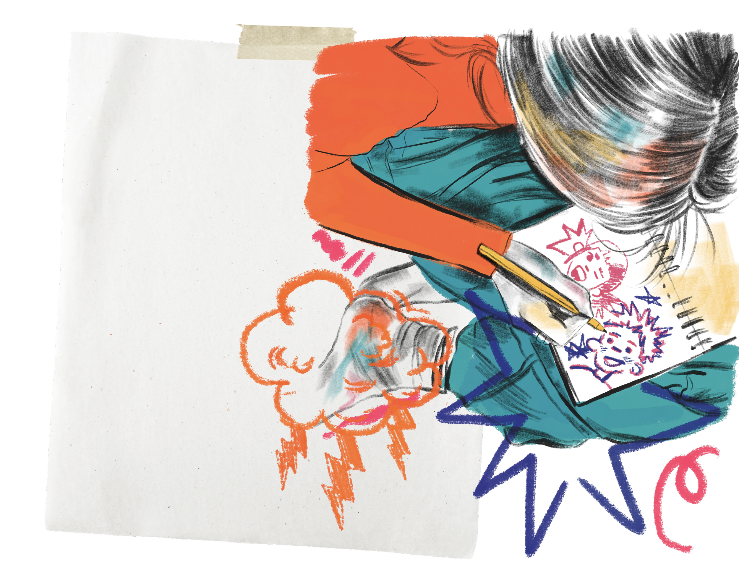 Colorful abstract illustration with various sketches, shapes, and patterns including hair, a face, and decorative elements.