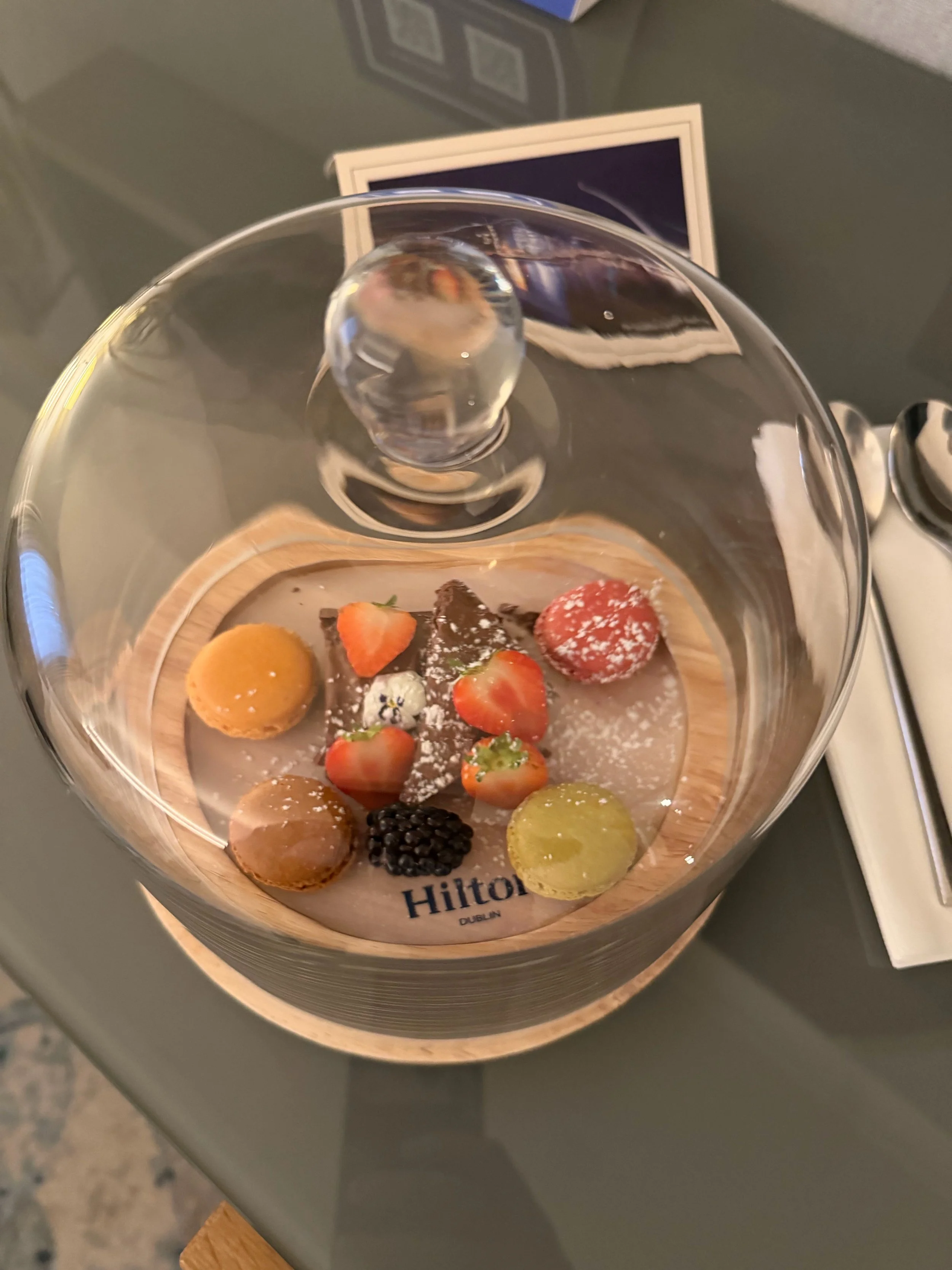 Hilton Dublin welcome treats under glass cloche