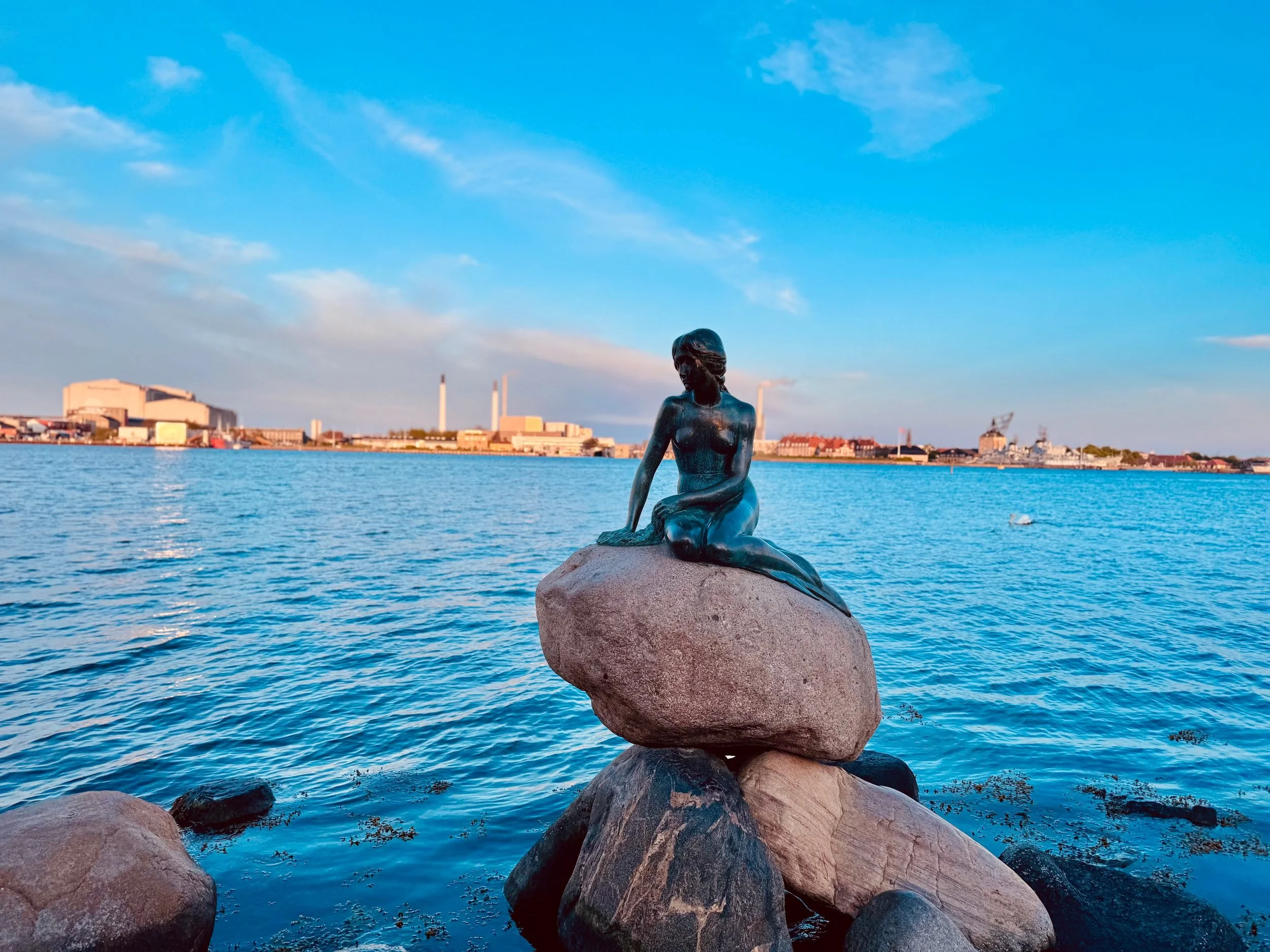 The Little Mermaid statue on its rock at the Copenhagen waterfront.