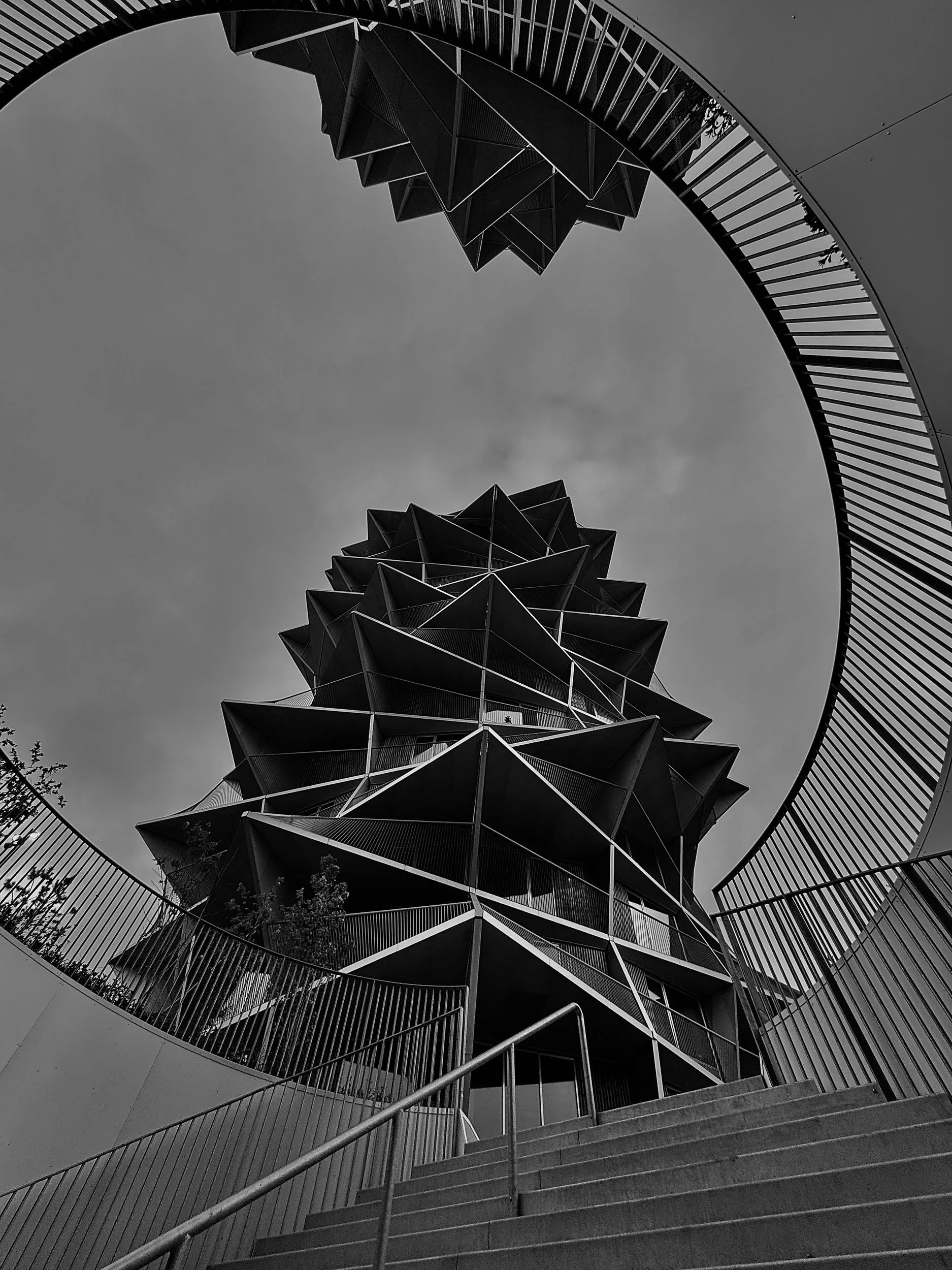 A black and white view of a tower ring in Copenhagen.