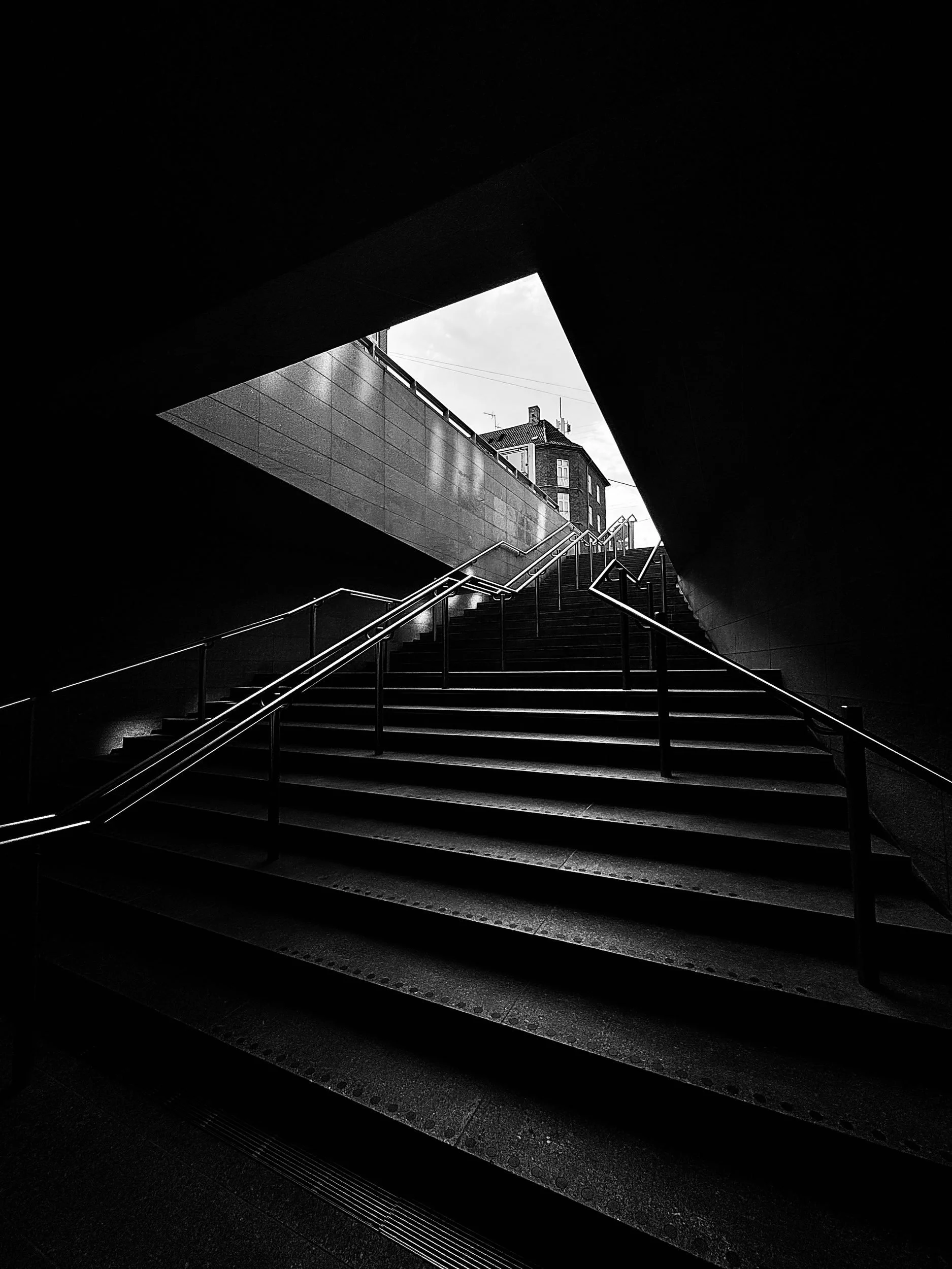 A black and white spiral stairwell in Copenhagen.