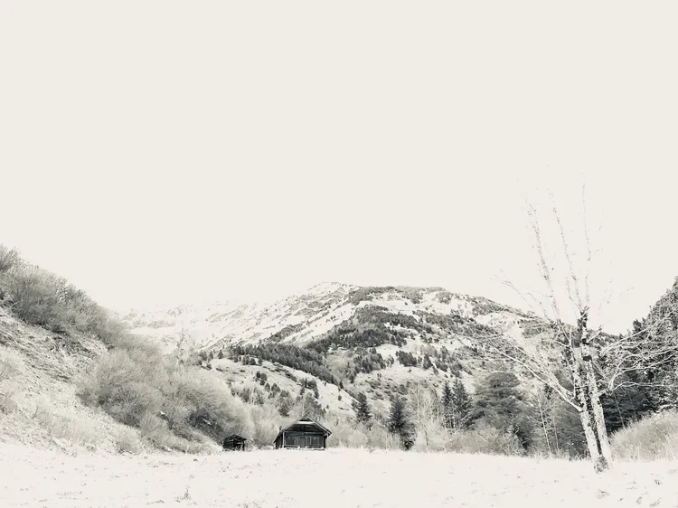 paysage hivernal avec des montagnes, des arbres sans feuilles et une cabane en bois