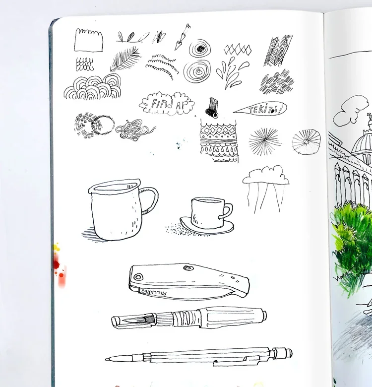 Croquis de divers dessins tels que des tasses, un couteau, un stylo, des motifs décoratifs, des éléments naturels, et des annotations en français comme « Find AP » et « Teksido ».