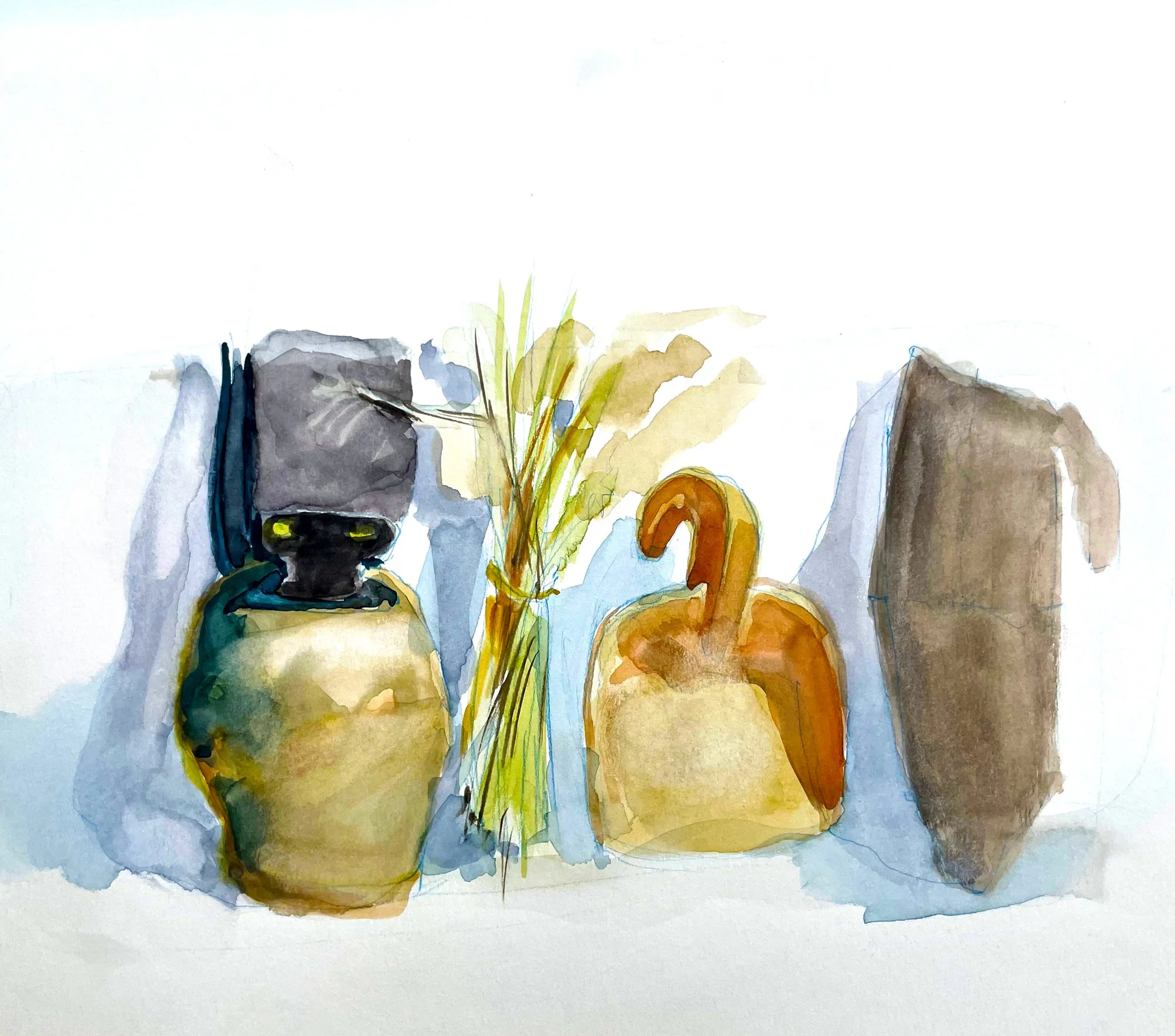 Peinture à l'aquarelle représentant une scène abstraite avec des formes et couleurs variées, notamment du jaune, orange, gris et vert.