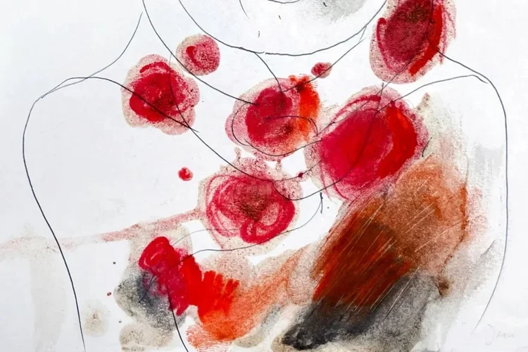 Dessin abstrait de formes rouges, noires et brunes avec des lignes noires fines, évoquant un portrait ou une composition artistique
