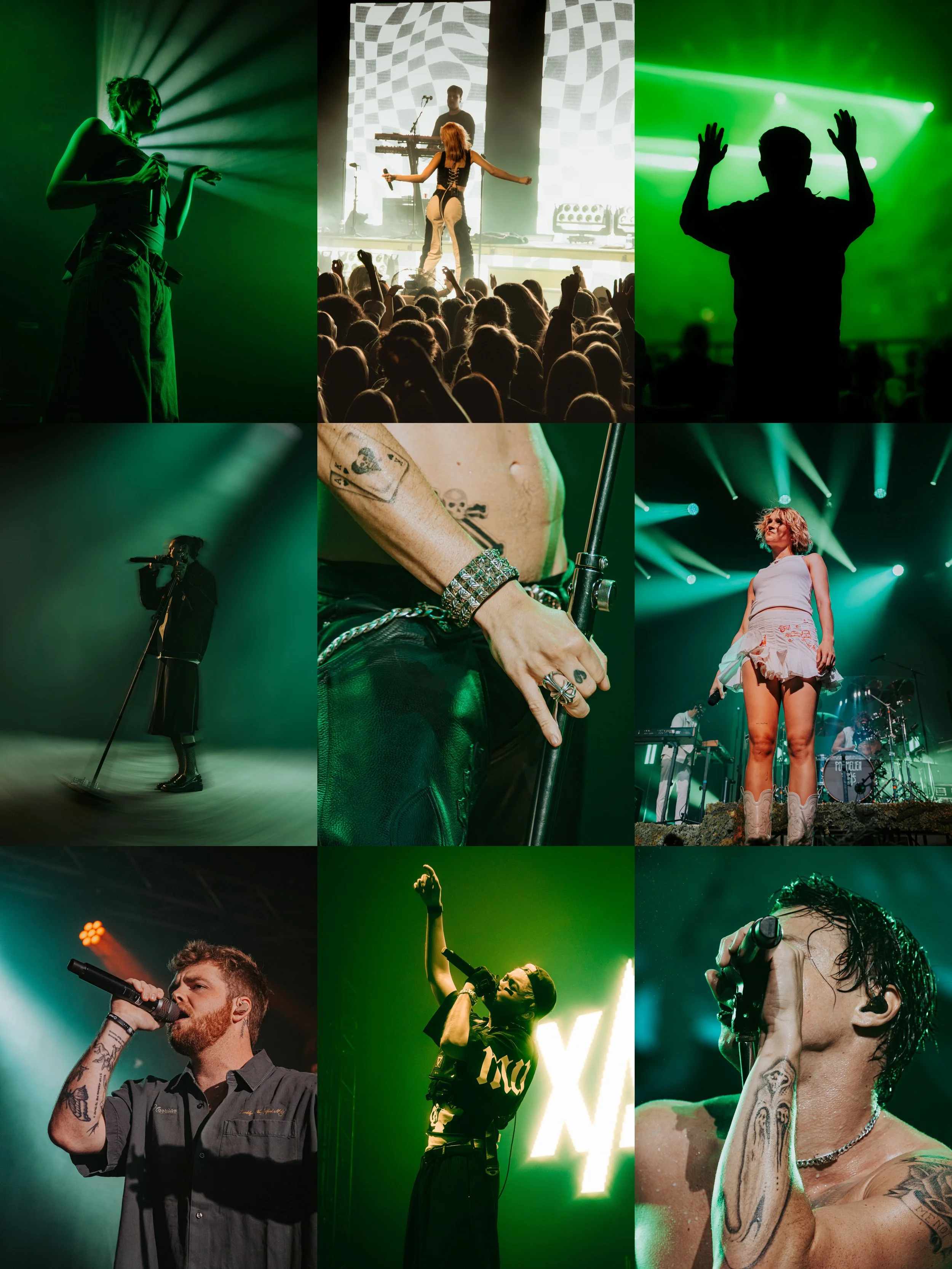 Collage of nine photos from a music concert, showing performers singing, dancing, and engaging with the audience, with vibrant green lighting and stage effects.