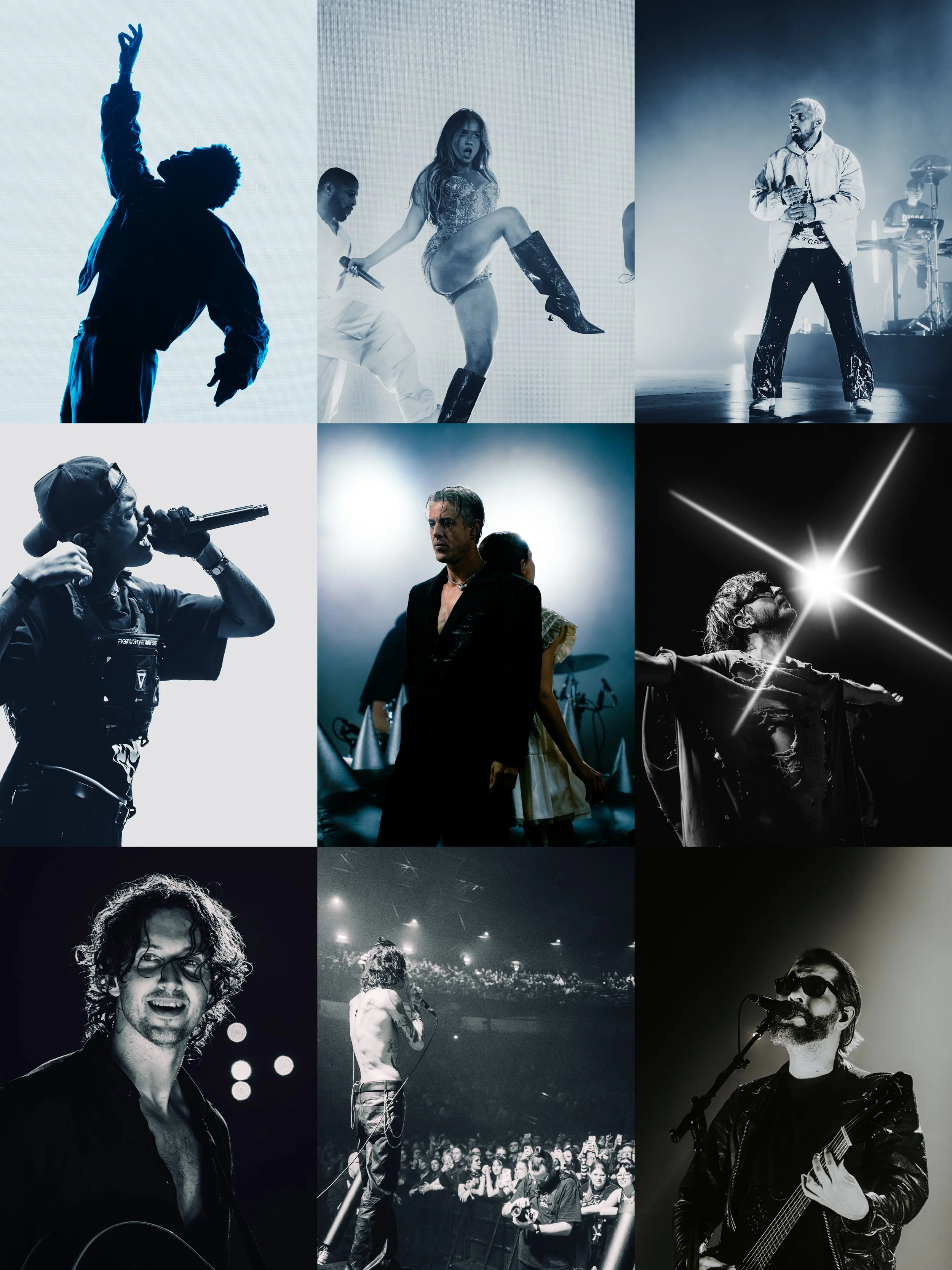 Collage of nine photos featuring musicians and performers on stage, singing, playing instruments, and dancing.