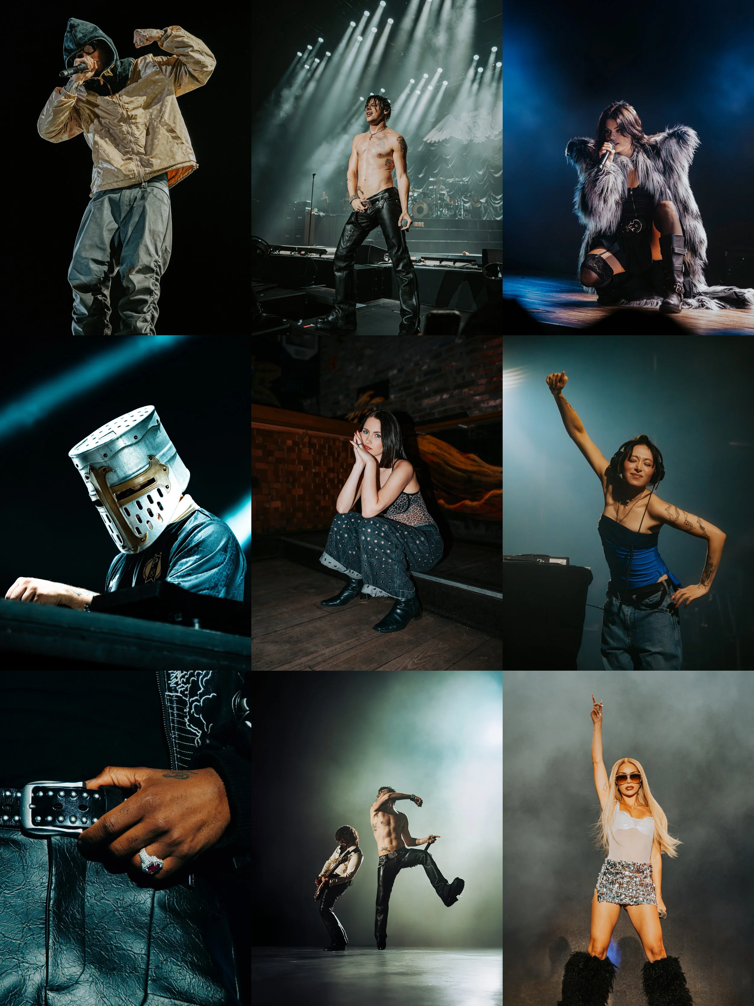 Collage of nine images of performers on stage or in studio, including singers, dancers, and a DJ, with various lighting effects and stage lighting setups.