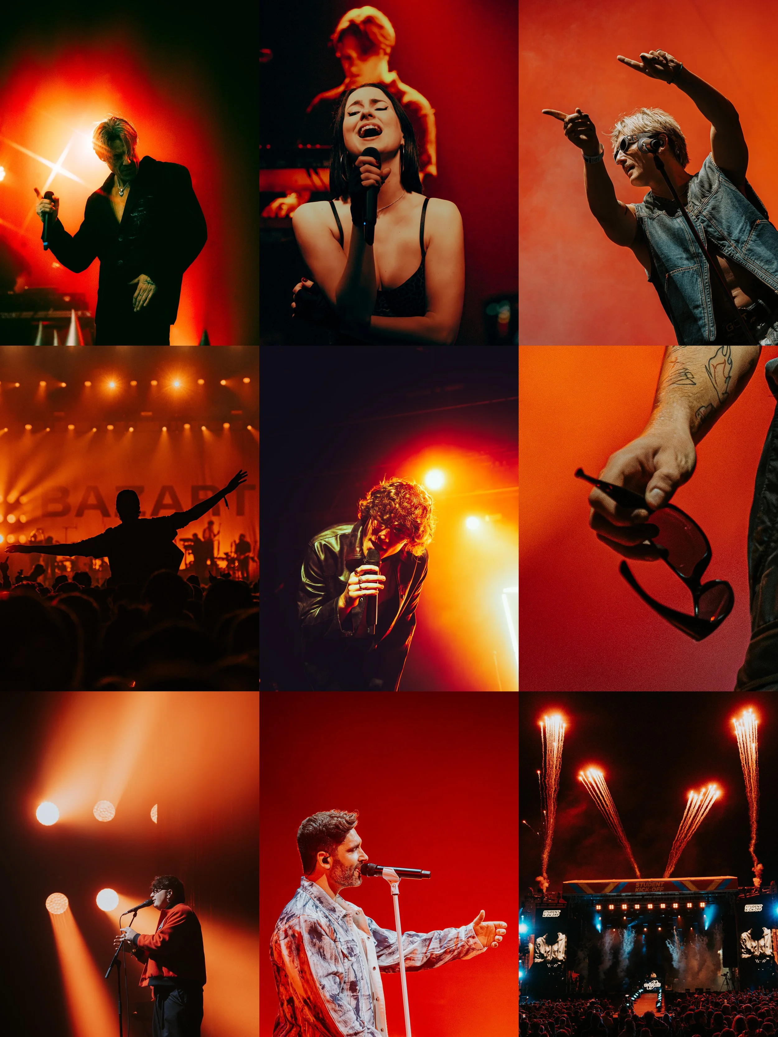 Collage of concert scenes with performers singing, audience, and stage lighting.