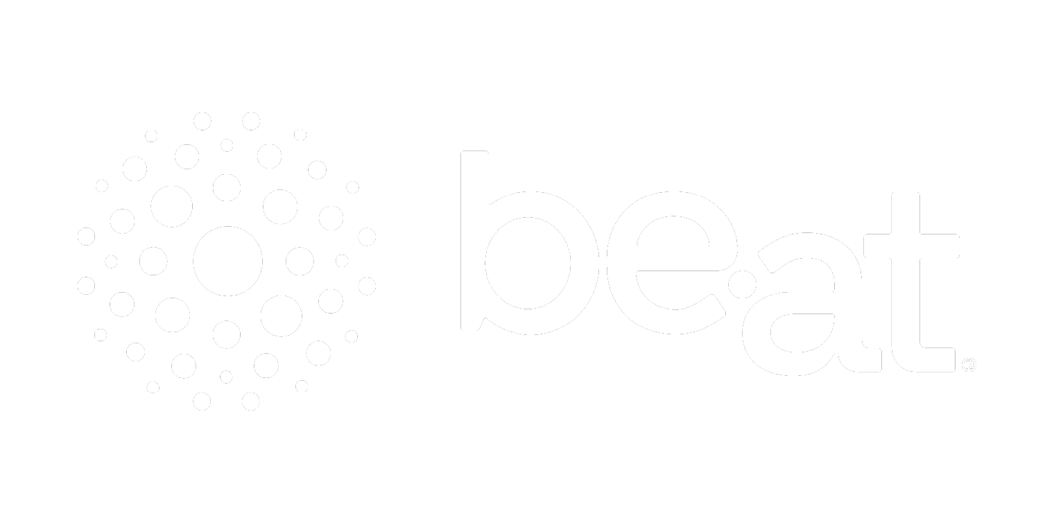 Black background with a white circular logo made of various sized dots and the word 'beat' in lowercase white letters next to it.