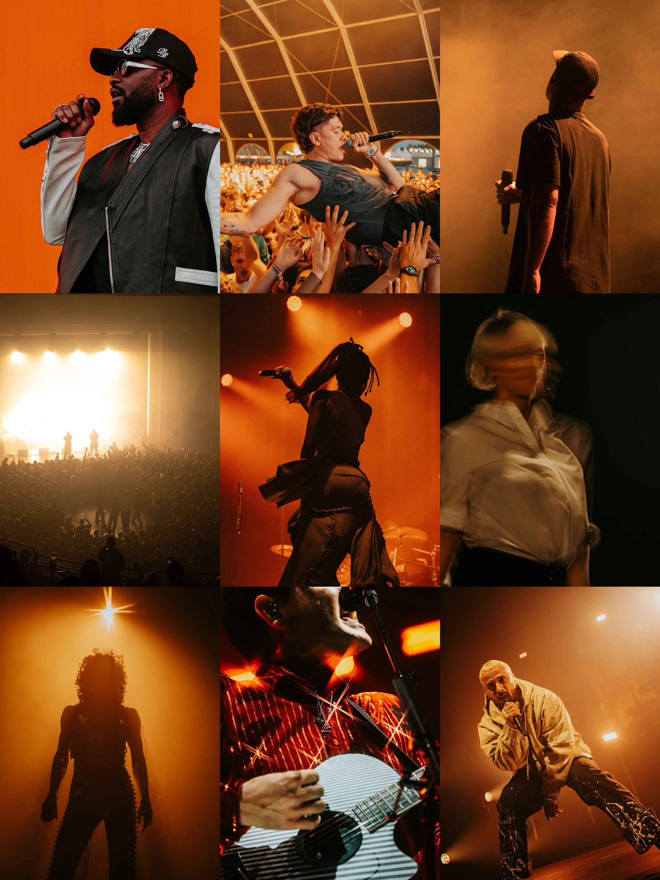 A collage of nine photos capturing a live music concert with various performers on stage and an audience enjoying the show.
