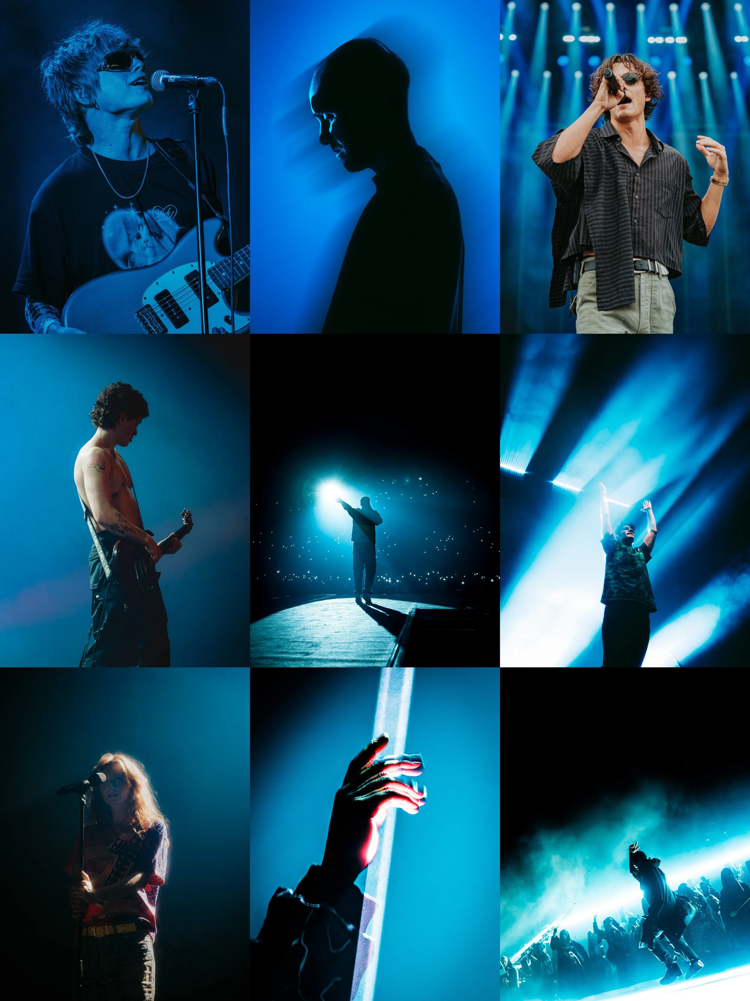 Collage of nine images featuring musicians performing on stage with blue lighting and spotlights, including solo performances and a crowd in concert.