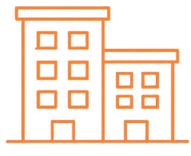 Two multi-story buildings with windows, one darker and one lighter, set against a clear background. Lift Services | Elevate Dorset