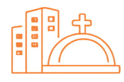 Stylized illustration of a hospital with a cross, a dome structure, and a building labeled 'Rescue' in orange and pink colors. Lift Services | Elevate Dorset