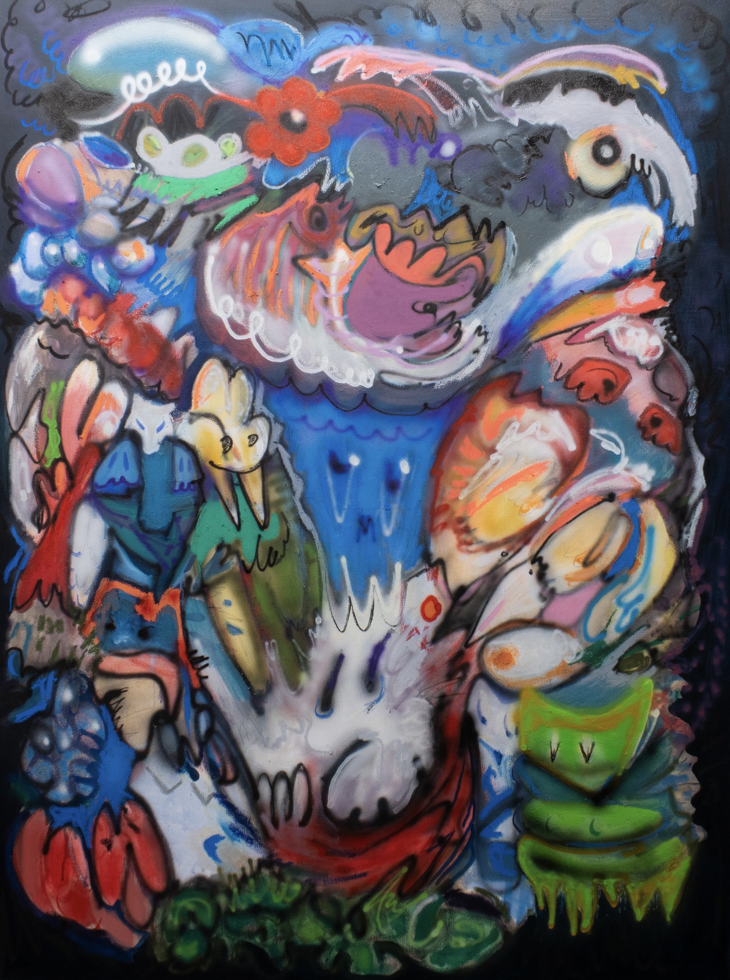 nourish, 2025. Acrylic, oil, oil pastel, charcoal, airbrush on canvas - 48in x 36in x 1.5in