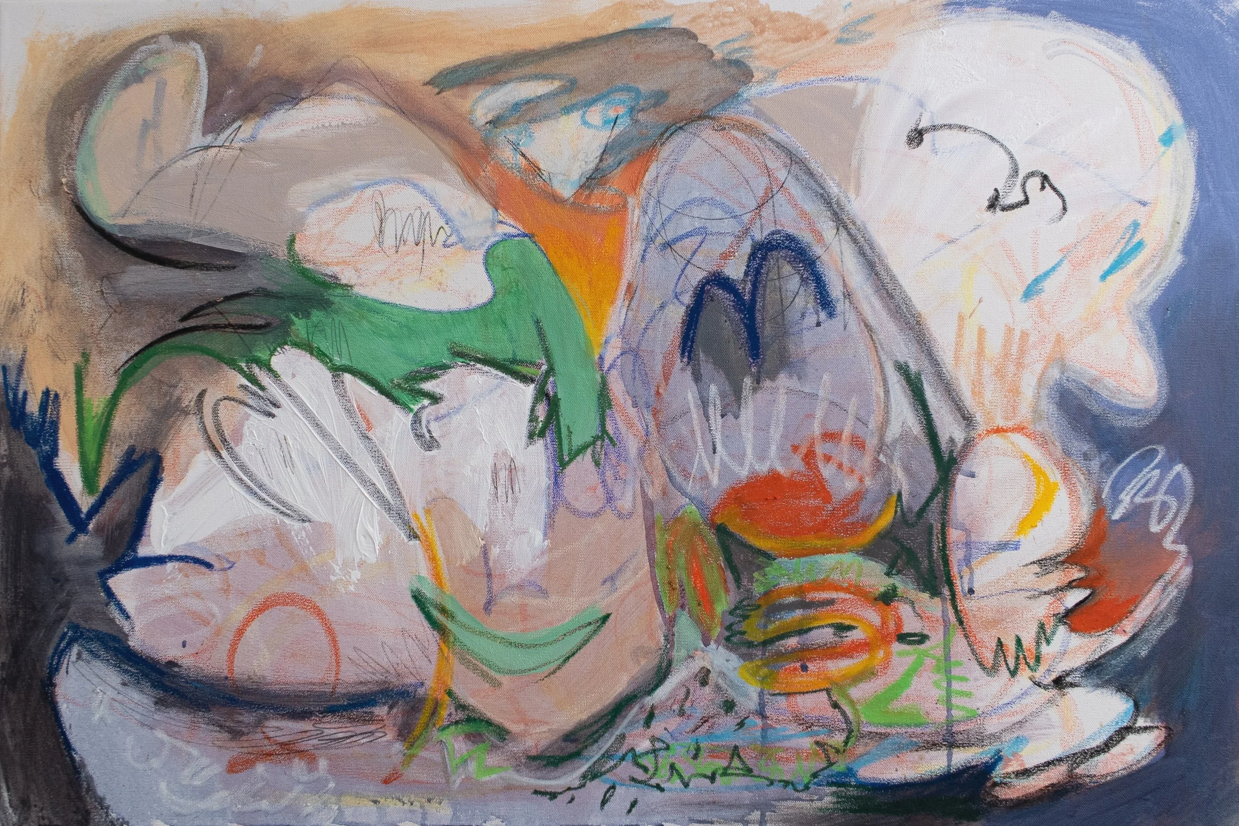 landing, 2025. Acrylic, oil pastel, charcoal on canvas - 24in x 36in x 1.5in
