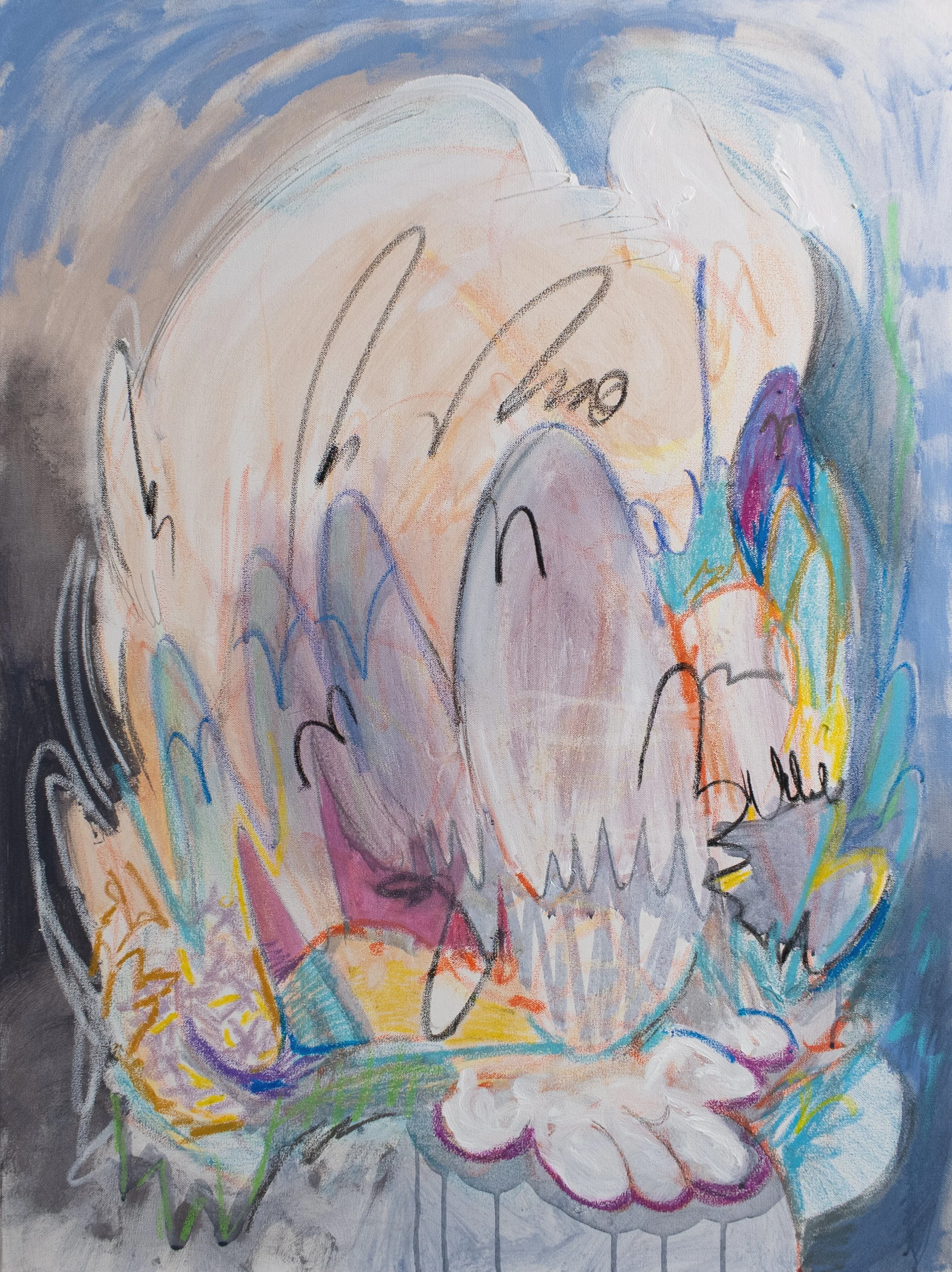 offering, 2025. Acrylic, oil pastel, charcoal on canvas - 40in x 30in x 1.5in