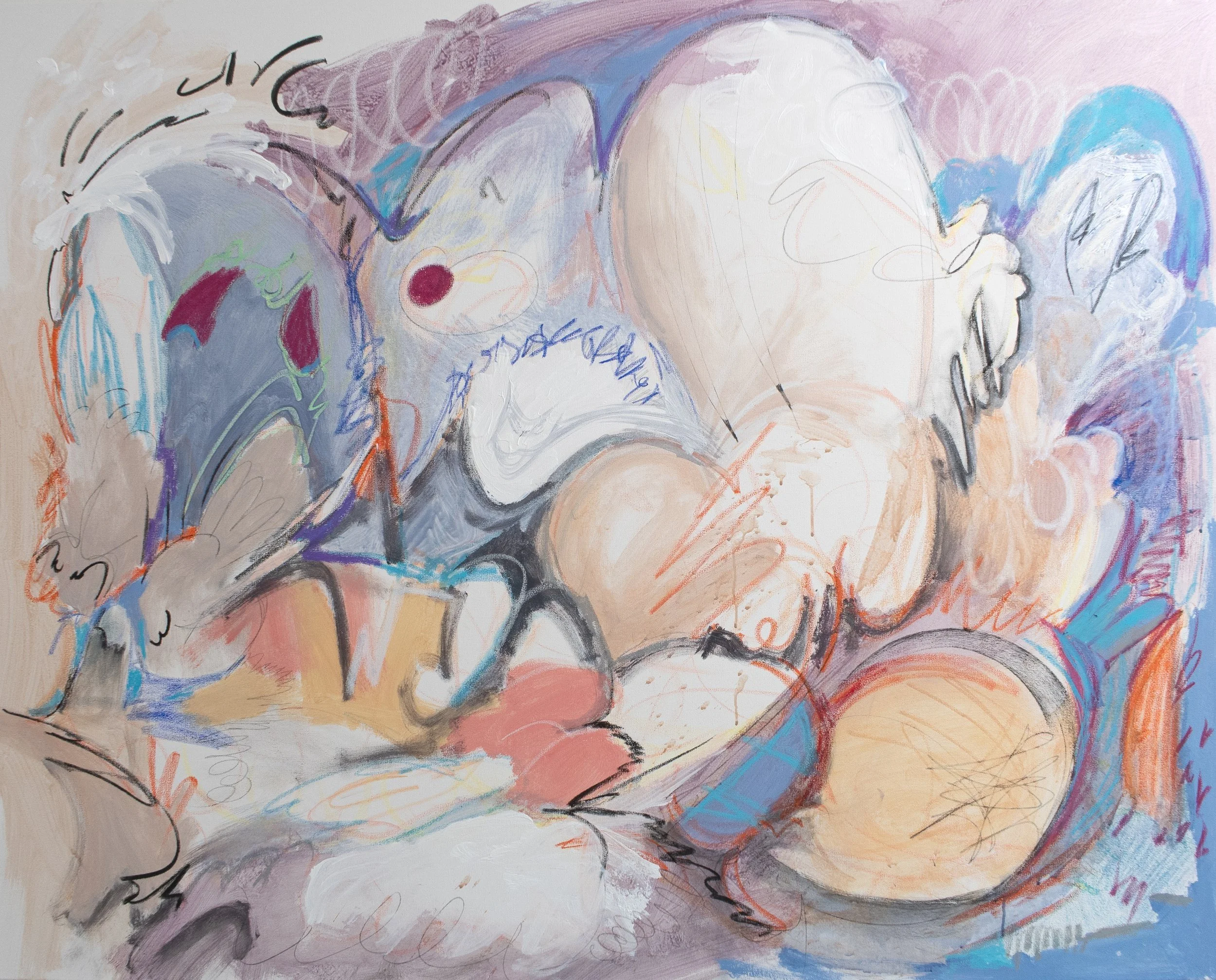 modifying the weather, 2025. Acrylic, oil pastel, charcoal on canvas - 48in x 60in x 1.5in