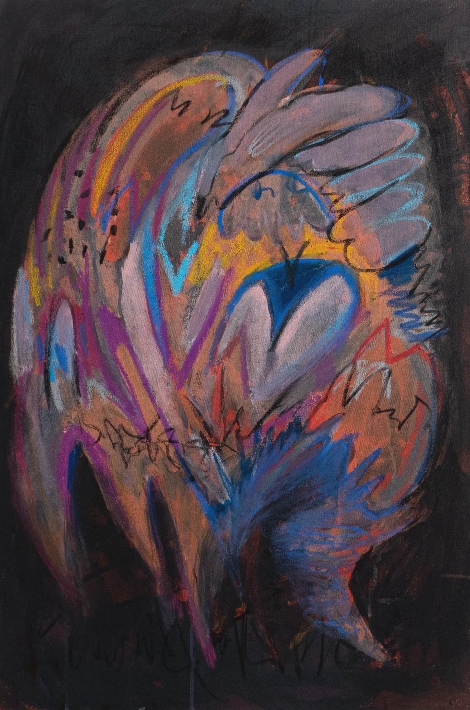 loveless, 2025. Acrylic, oil pastel, charcoal on canvas - 36in x 24in x 1.5in