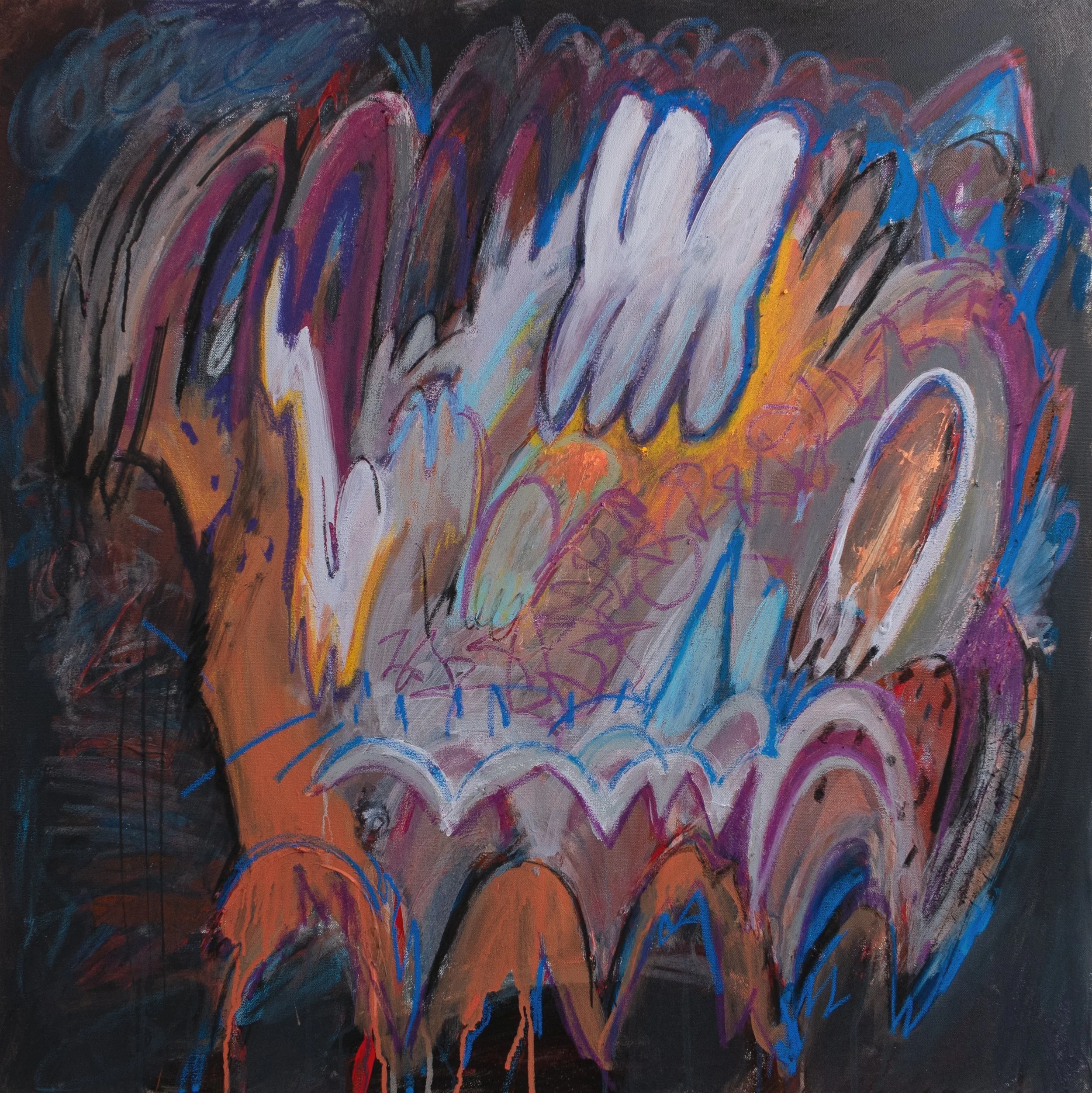 tolerate, 2025. Acrylic, oil pastel, charcoal on canvas - 36in x 36in x 1.5in